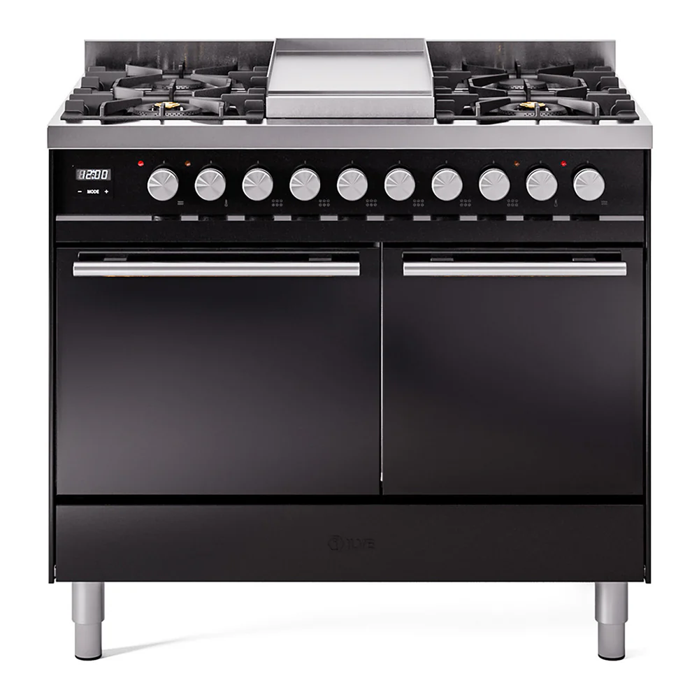 ILVE 40-inch Professional Plus II Dual Fuel Range with Solid Door Oven in Glossy Black (UPD40FQMPBK)