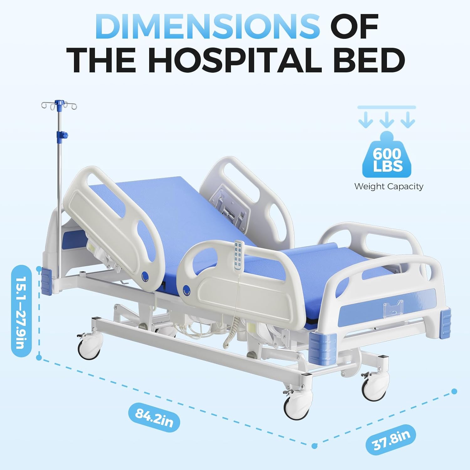 5 Function Full Electric Hospital Bed, 600LBS Adjustable Hospital Beds for Home Use, Medical Bed for Seniors with Mattress, IV Pole, Frame, Special Needs Beds, Medical Equipment