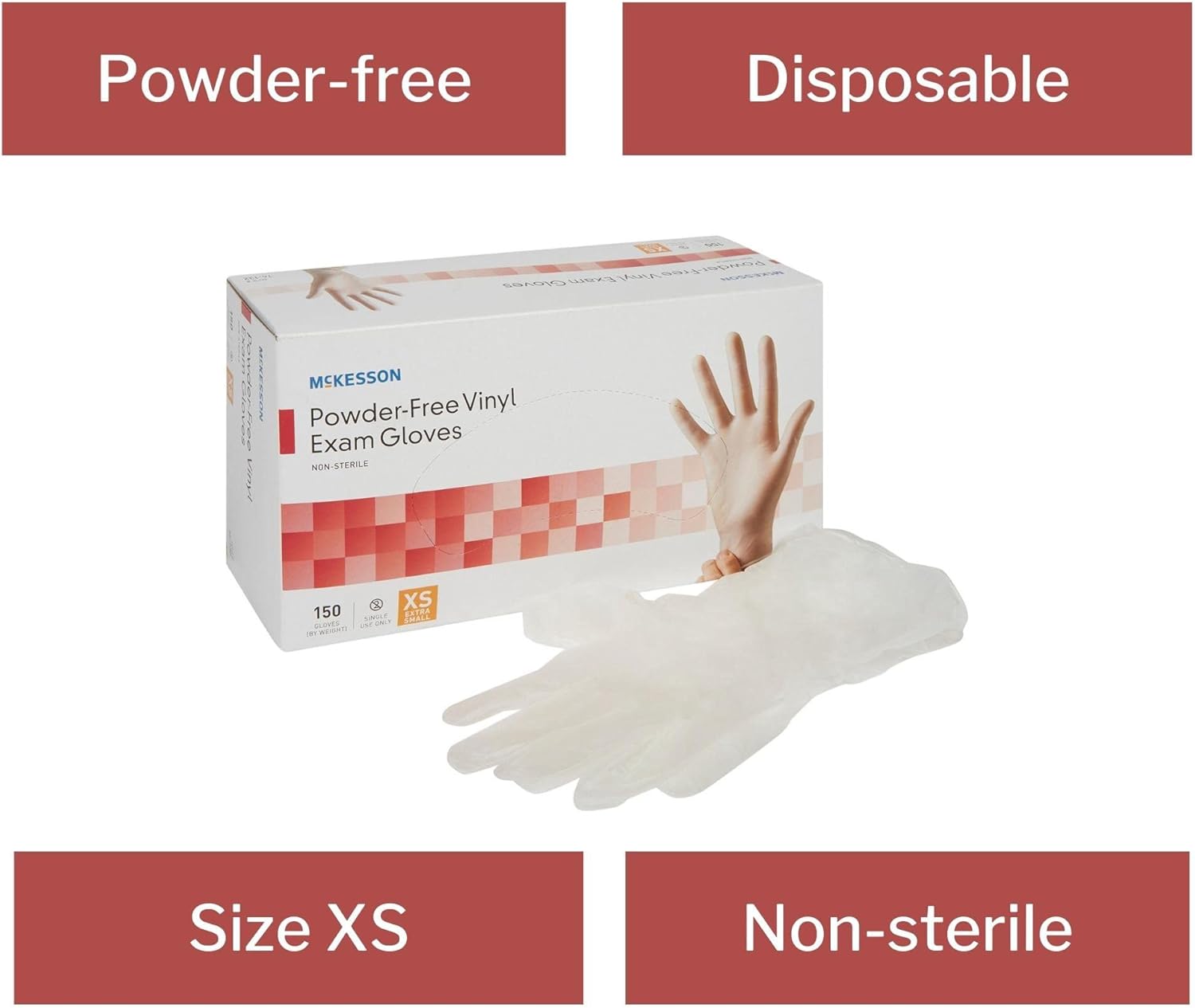 McKesson Powder-Free, Vinyl Exam Gloves, Non-Sterile, XS, 150 Count, 10 Boxes, 1500 Total