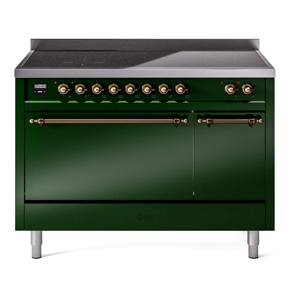 ILVE 48-Inch Nostalgie II Induction Range with Solid Door Oven in Emerald Green with Bronze Trim (UPI486QNMPEGB)