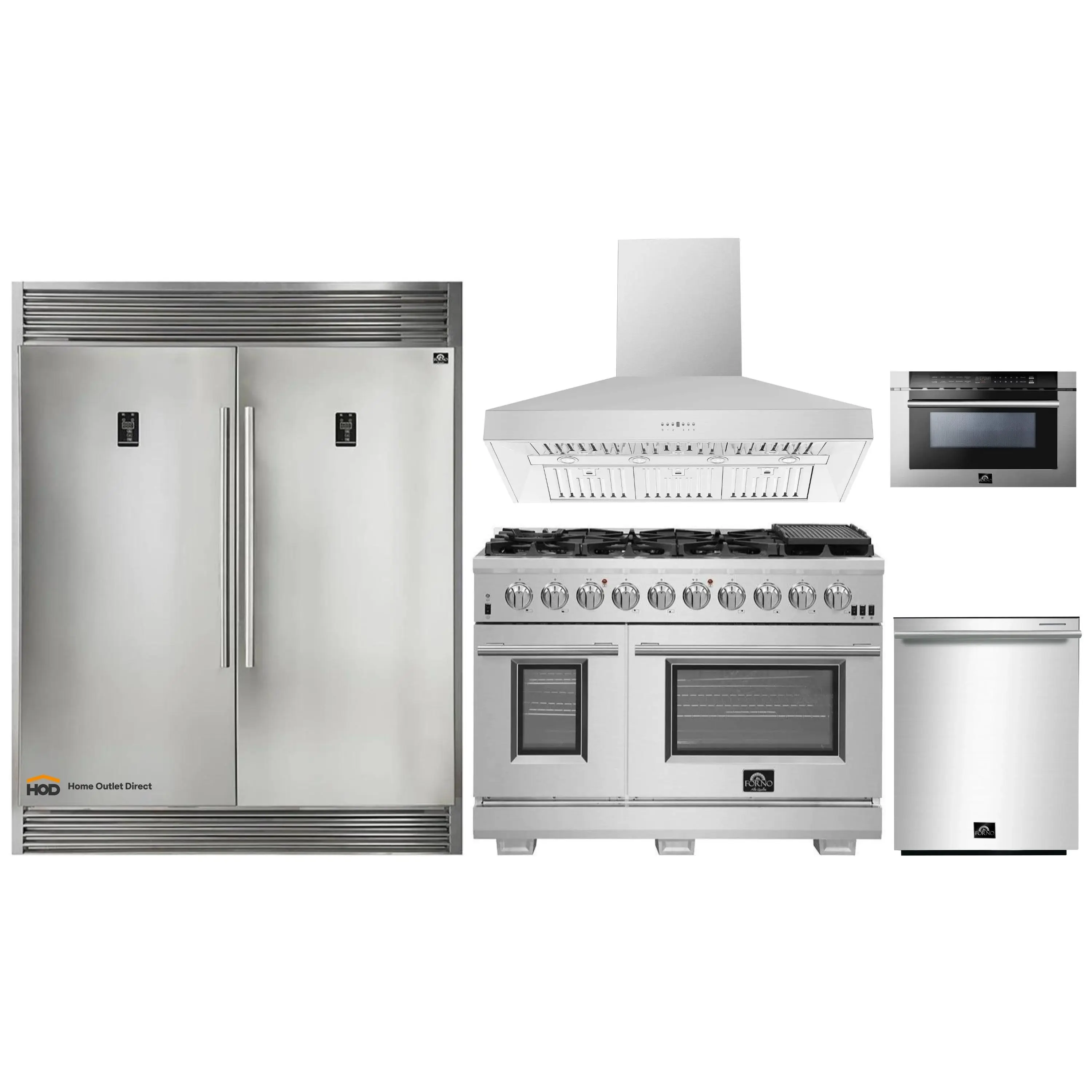 Forno 5-Piece Pro Appliance Package - 48-Inch Gas Range, 60-Inch Pro-Style Refrigerator, Wall Mount Hood, 24-Inch Microwave Drawer, & 3-Rack Dishwasher in Stainless Steel