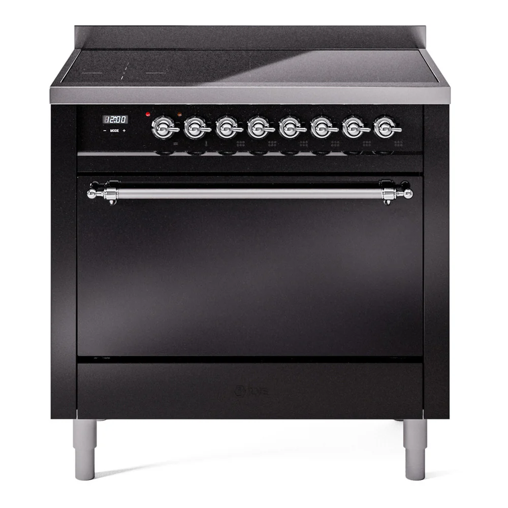 ILVE 36-Inch Nostalgie II Induction Range with Solid Door Oven in Glossy Black with Chrome Trim (UPI366QNMPBKC)