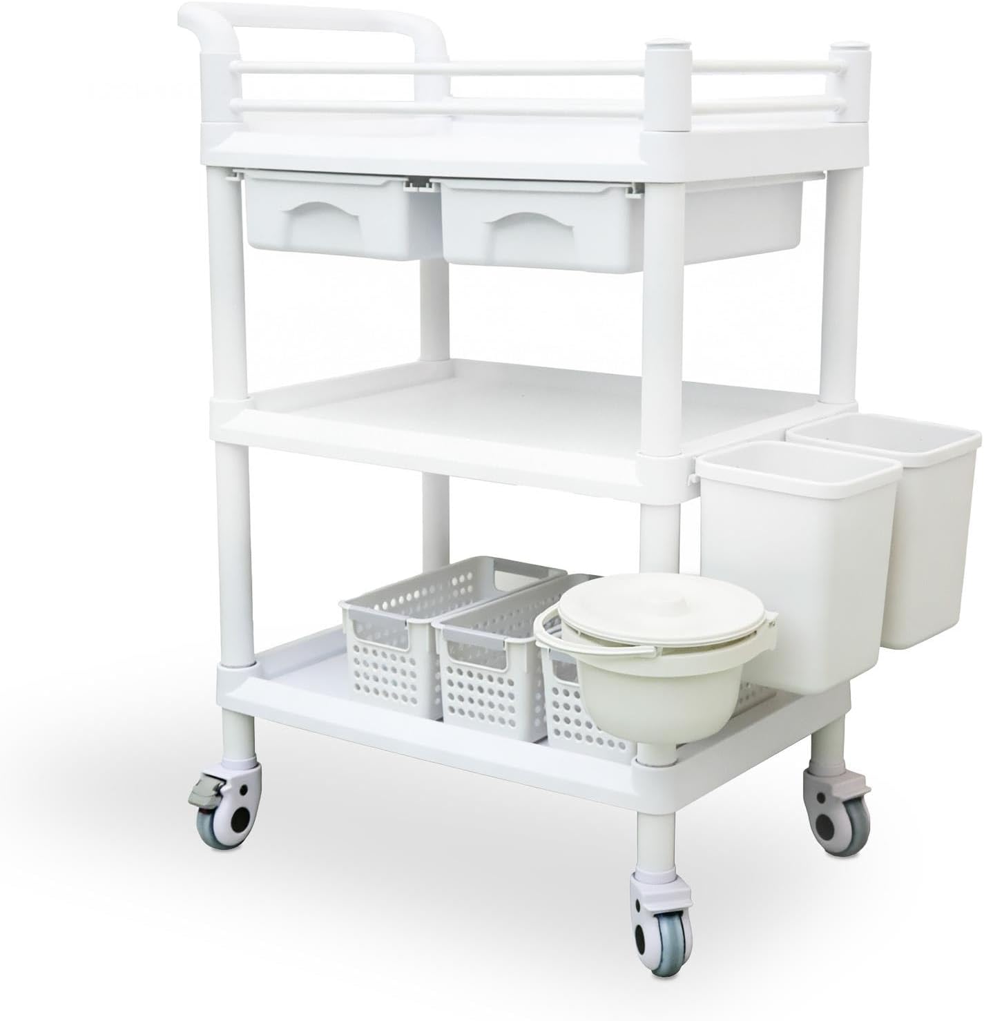 Medical Rolling Cart 3-Tier with Storage Bins, Drawers & Waste Baskets - Mobile Utility Trolley for Clinic, Spa & Hospital (White)