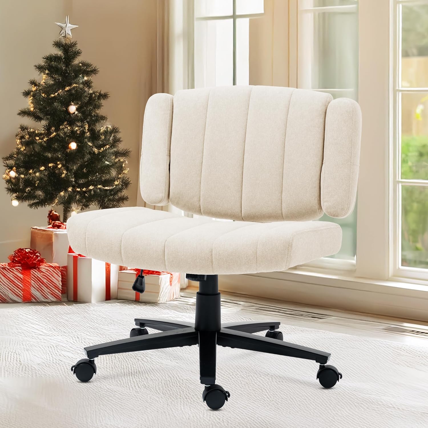 Rainbow Home Pilot Criss Cross Office Chair with Arms & Wheels, Ergonomic Swivel Rolling Desk Chair for Women, Adjustable Height, Lumbar Support, Fabric Gaming/Computer Chair for Home Office (White)