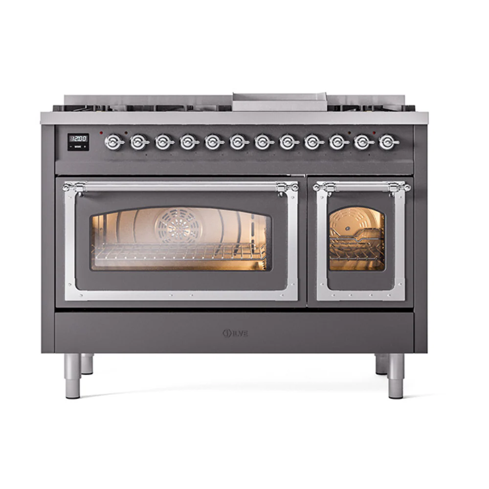 ILVE Nostalgie II Noblesse 48-Inch Dual Fuel Freestanding Range in Matte Graphite with Chrome Trim (UN48FNMPMGC)