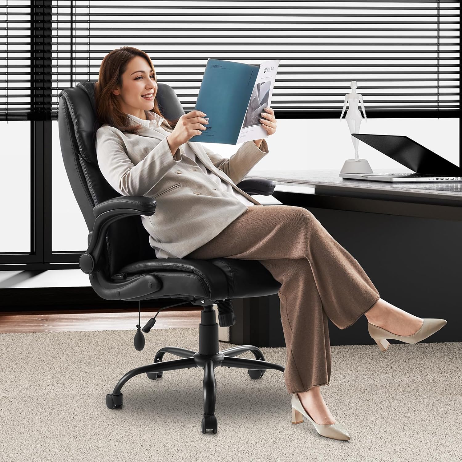 VEVOR Executive Office Chair with Lumbar Support, 300lb Capacity Office Chair with Flip-up Armrests & Lumbar Pillow, Height Adjustable Ergonomic Chair, PU Leather Reclining Home Office Desk Chairs