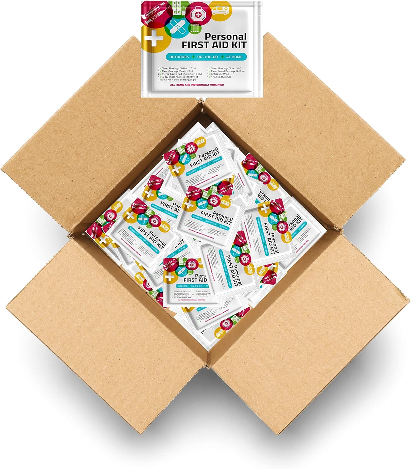 Personal First Aid Kit - Case of 60 | Clean, Treat, Protect Minor Cuts, Scrapes and Burns | Perfect for Home, Office, Car, School, Business, Camping | Individual First Aid Products (Multi-Color)…