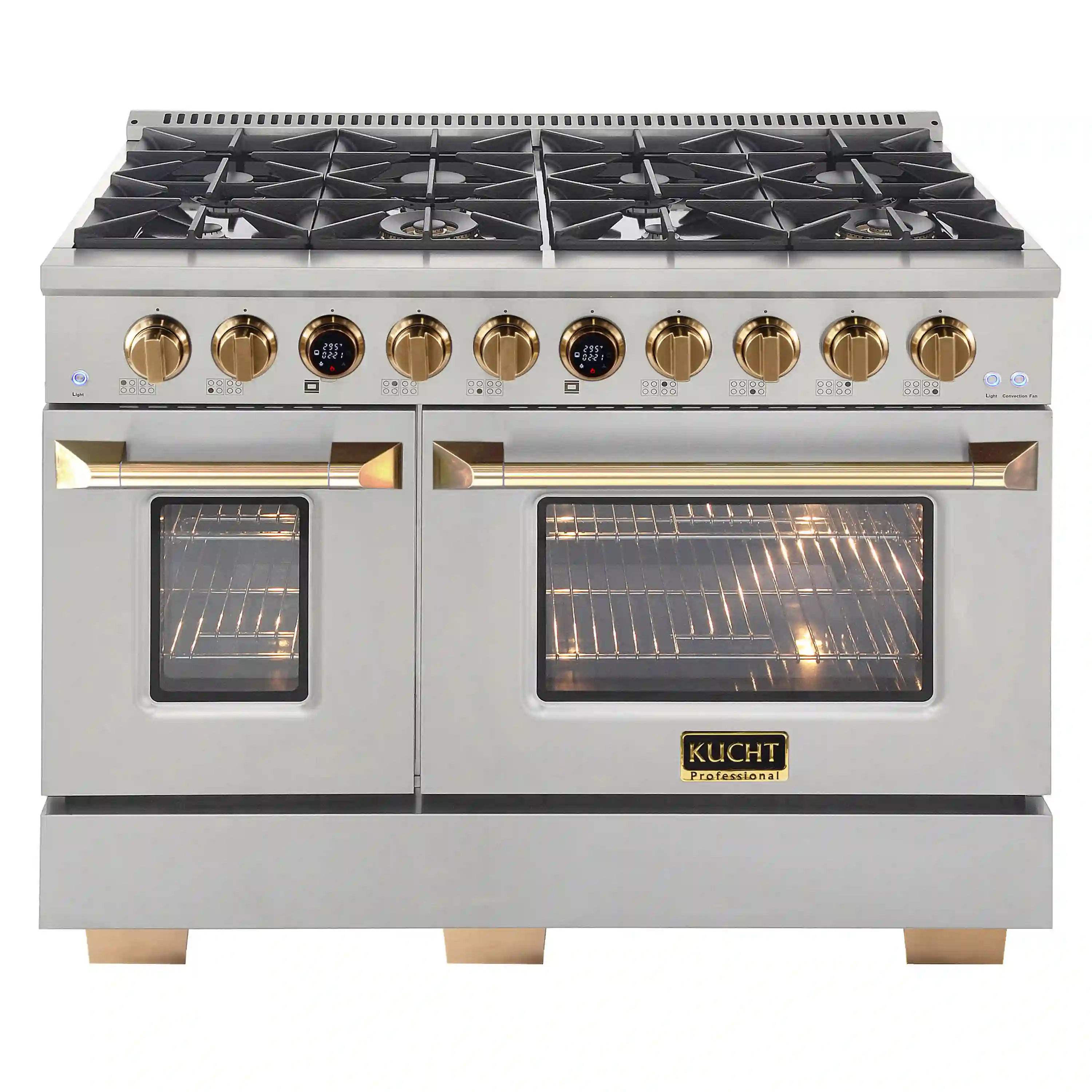 Kucht Horus 48-Inch Dual Fuel Range with 6.7 cu. ft. Electric Oven and 8 Gas Burners in Stainless Steel with Gold Accents and Digital Thermostat (KXP48-GL)