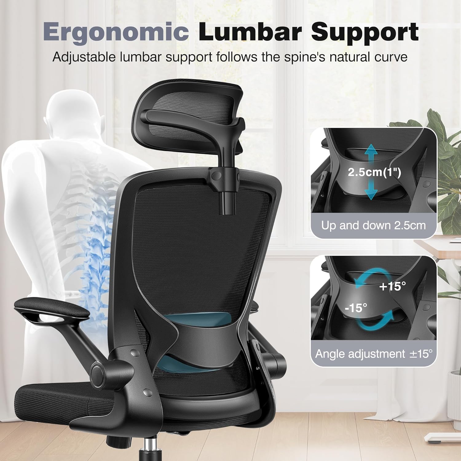Ergonomic Office Desk Chair Comfy, High Back Mesh Office Desk Chairs with Adjustable Lumbar Support, Headrest, Flip-up Armrests, Home Computer Chair for Gaming, Work, Black