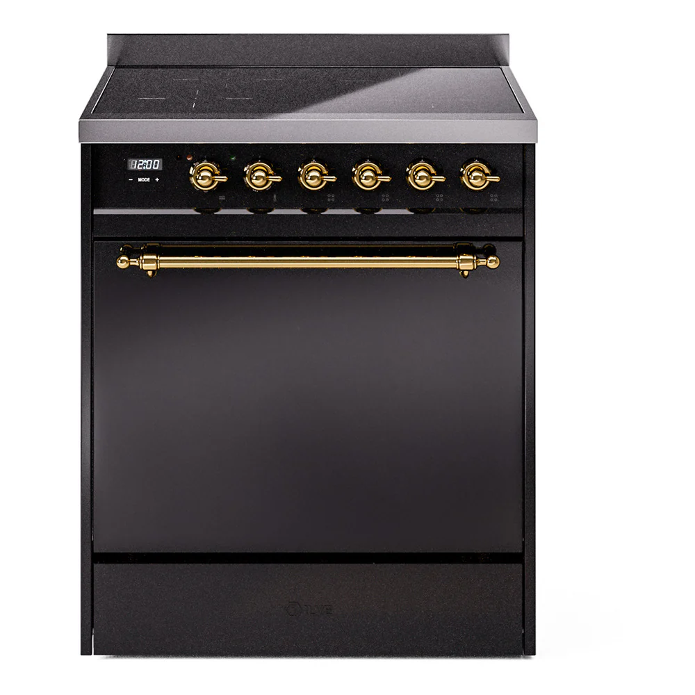 ILVE 30-Inch Nostalgie II Induction Range with Solid Door Oven in Glossy Black with Brass Trim (UPI304QNMPBKG)