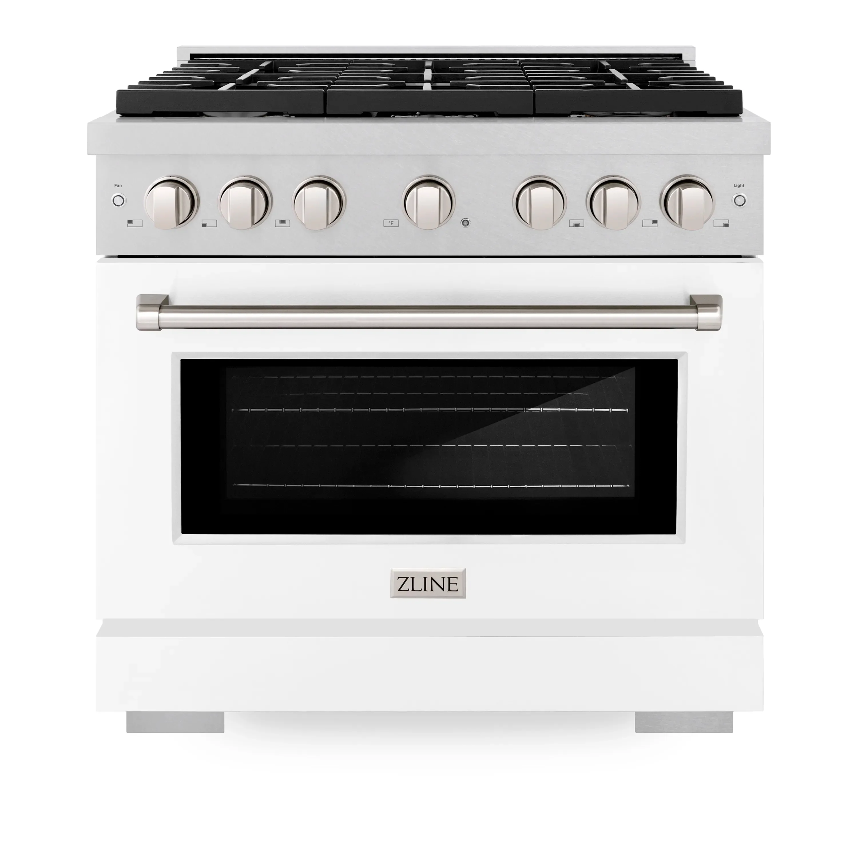 ZLINE 36-Inch 5.2 cu. ft. Paramount Dual Fuel Range with 6 Burner Gas Cooktop and Electric Convection Oven in Satin Stainless Steel with White Matte Door (SDRS-WM-36)