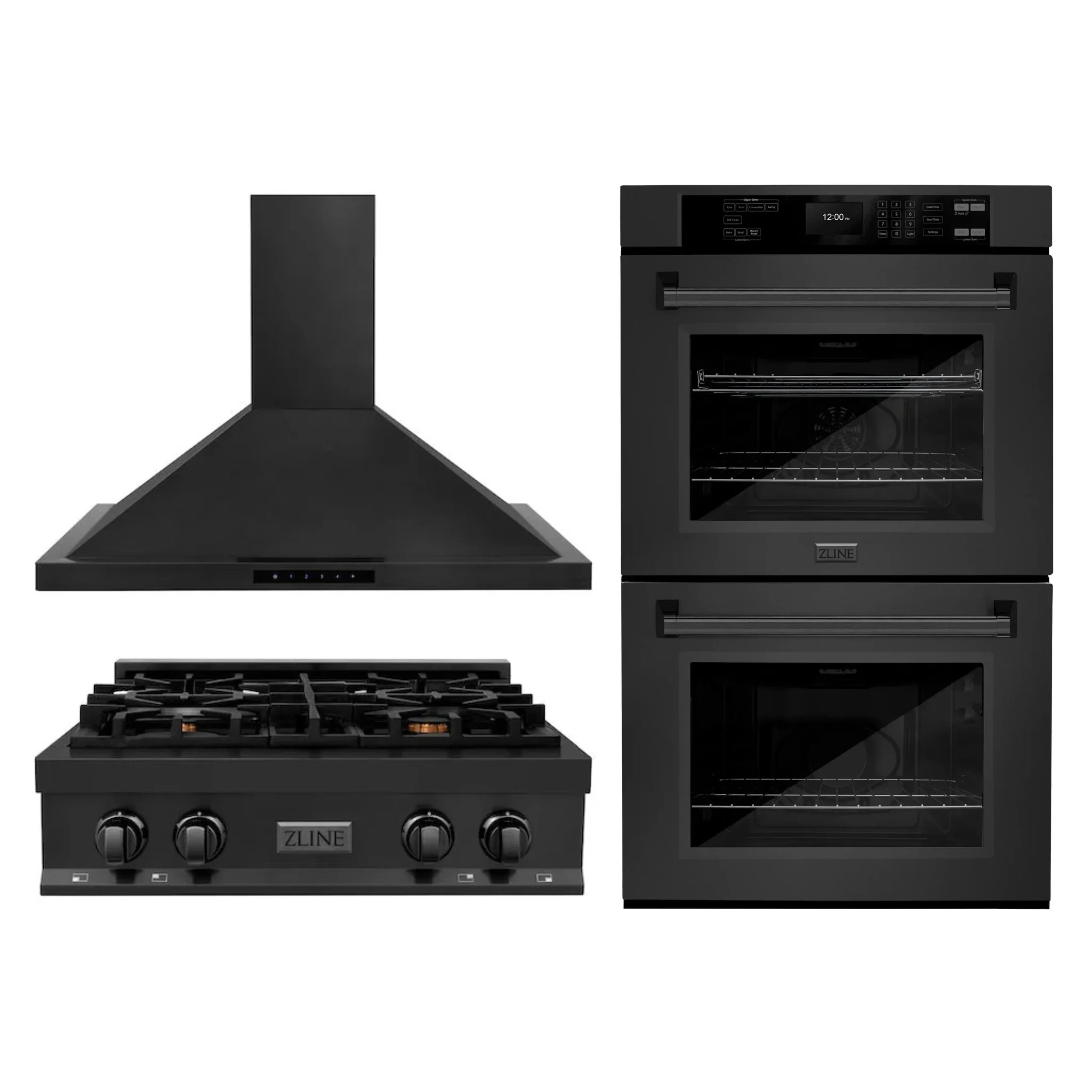 ZLINE 3-Piece Appliance Package - 30-Inch Rangetop, Double Wall Oven, and Convertible Wall Mount Range Hood in Black Stainless Steel (3KP-RTBRH30-AWD)