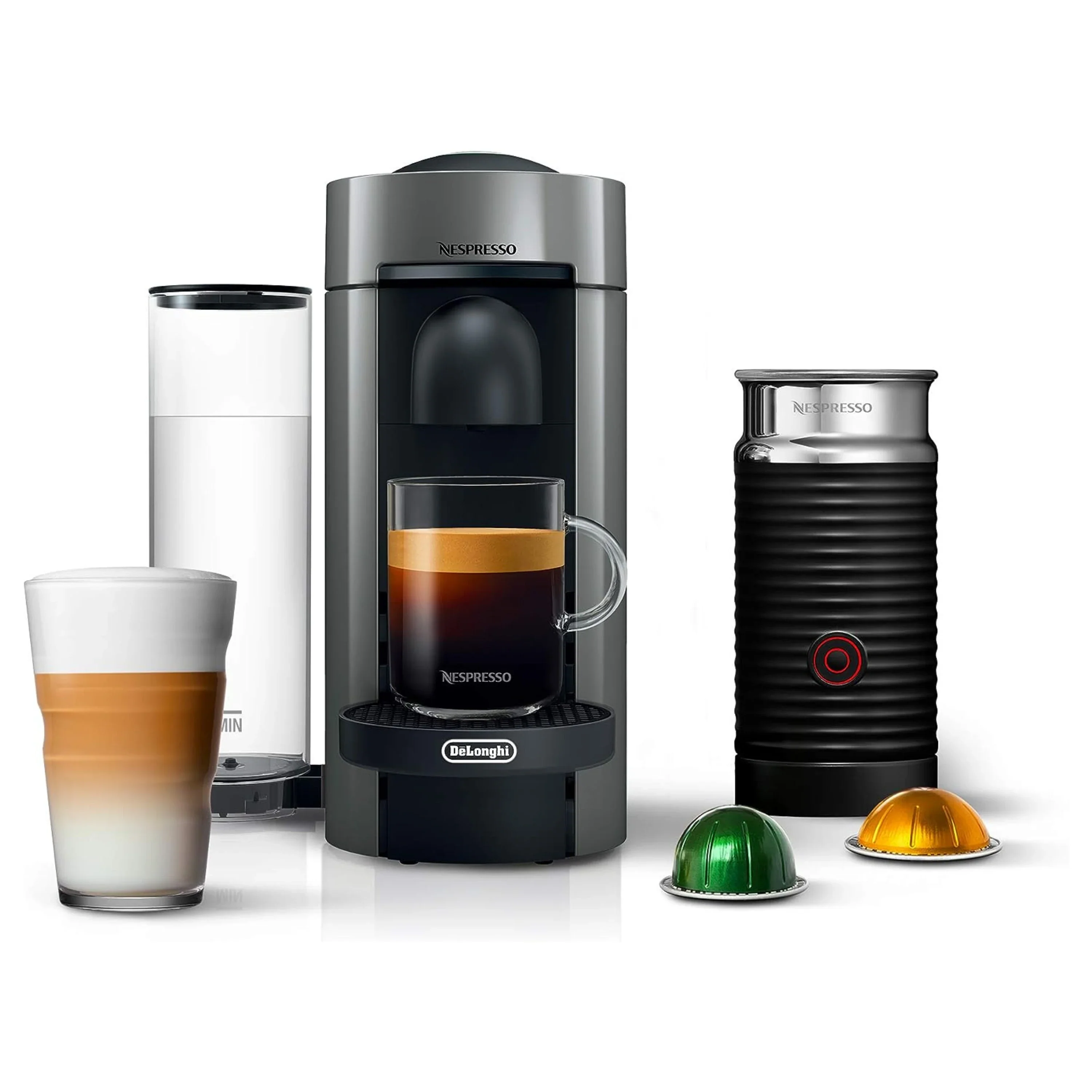 De'Longhi Nespresso VertuoPlus Coffee & Espresso Single-Serve Machine and Aeroccino Milk Frother in Black and Gray (ENV150GYAE)