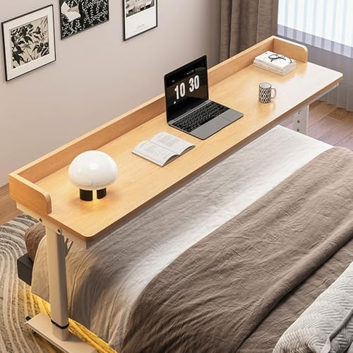 Adjustable Overbed Table with Wheels and Baffles, Portable Laptop Desk for Home, Hospital, and Bedroom Use,White Oak+white-150cm