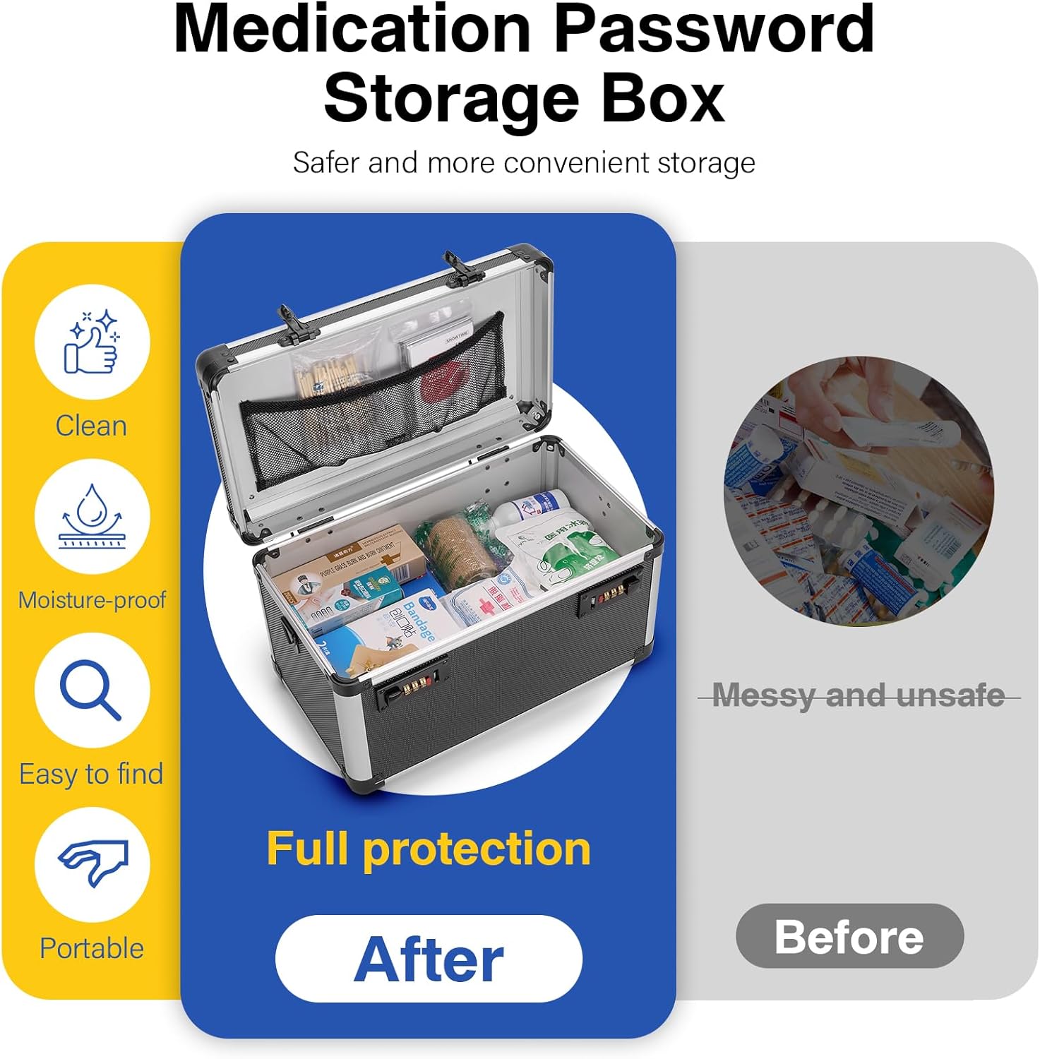 Medicine Lock Box With Combination Lock - 15 x 8.7 x 9.4 Inches - First Aid Safe Medication Storage Box, Medications and Personal Items, Safe Boxes for Home and Outdoor - Tactical Black