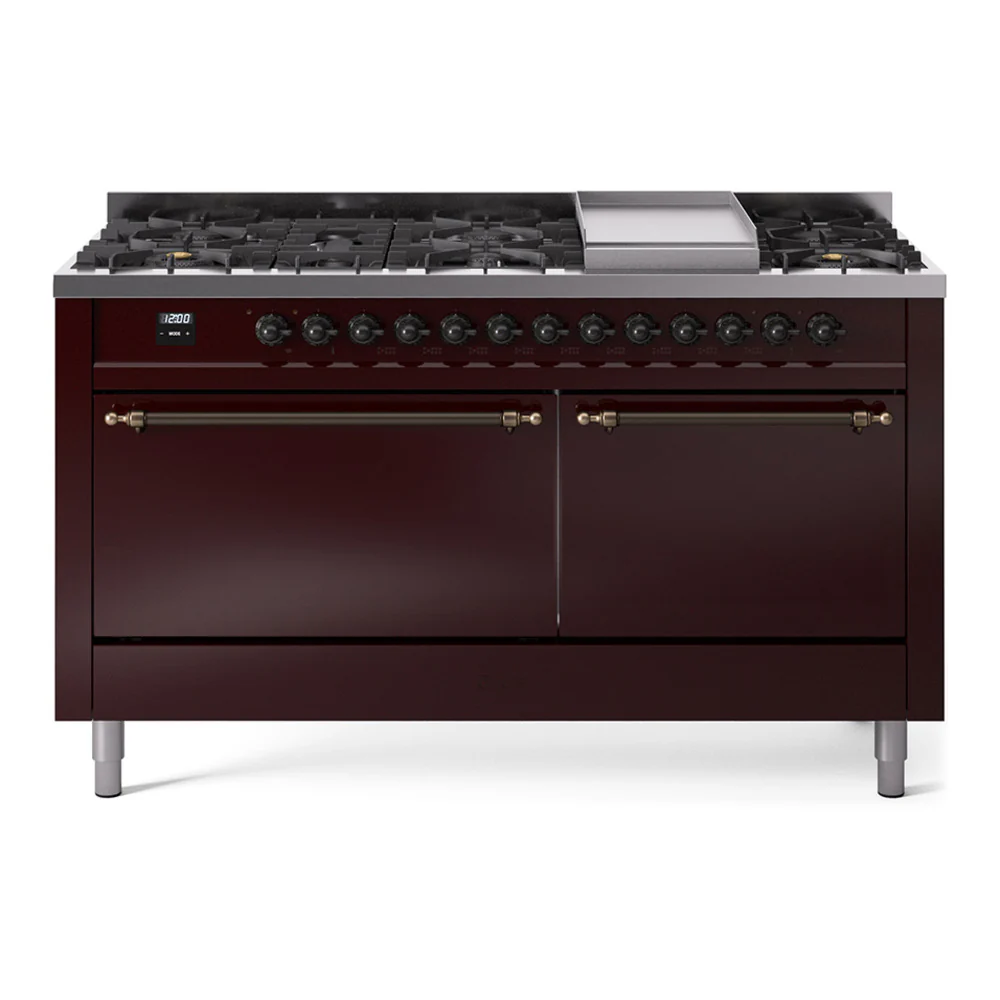 ILVE 60-Inch Nostalgie II Dual Fuel Range with 9 Burners, Griddle and Solid Door Oven in Burgundy with Bronze Trim (UP60FQNMPBUB)