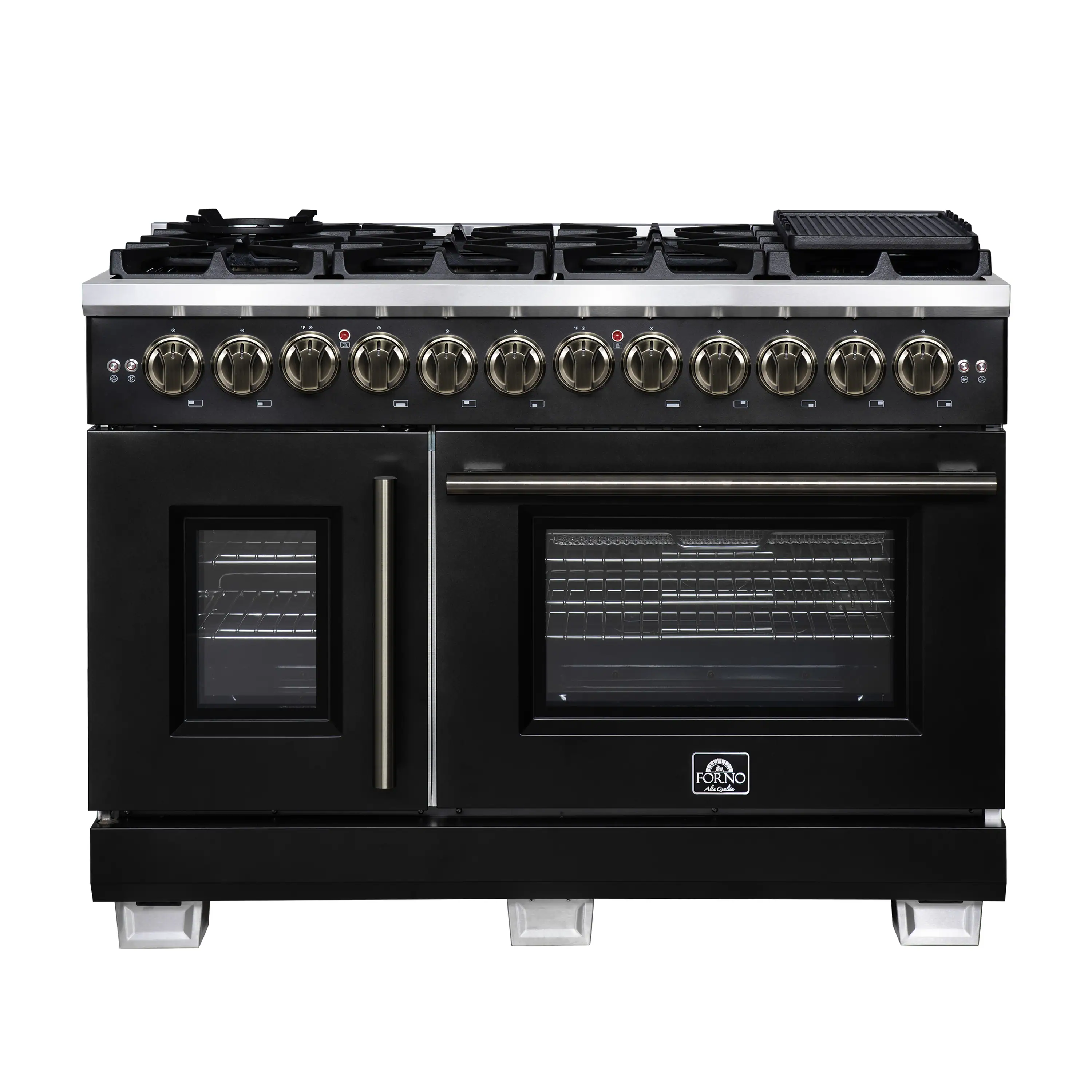 Forno Capriasca 48-Inch Freestanding French Door Dual Fuel Range in Black with Antique Brass Handle (FFSGS6387-48BLK)