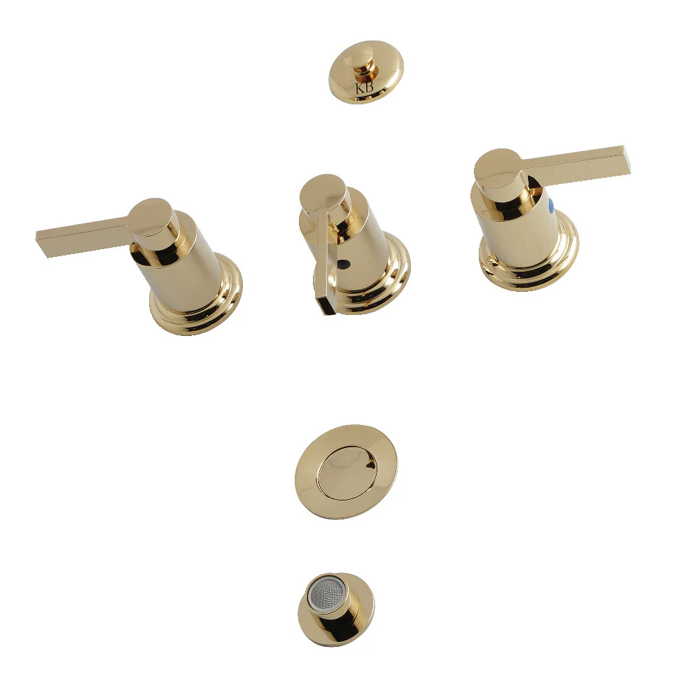 Kingston Brass NuvoFusion Three-Handle Bidet Faucet with Brass Pop-Up, Polished Brass (KB6322NDL)