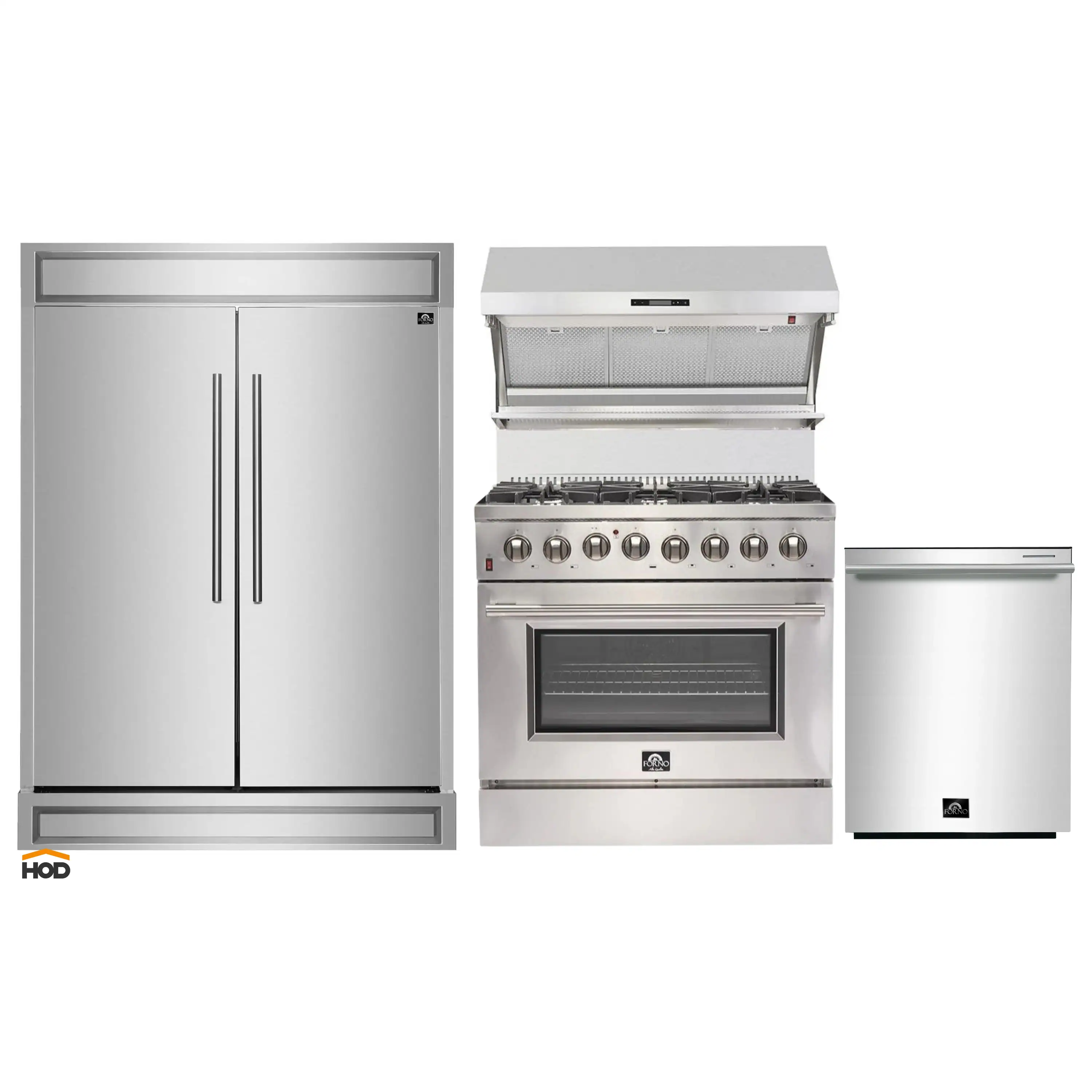 Forno 4-Piece Appliance Package - 36-Inch Dual Fuel Range, 60-Inch Refrigerator, Wall Mount Hood with Backsplash, & 3-Rack Dishwasher in Stainless Steel