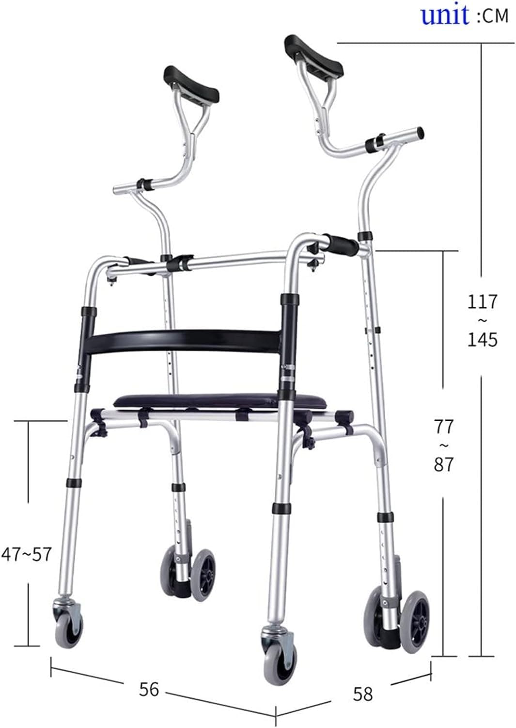 Folding Lightweight Aluminium Aluminum Alloy Walker with Toilet Barrel and with Armpit Support Walking Frame with 4 Wheels Height Adjustable Assisted Walker