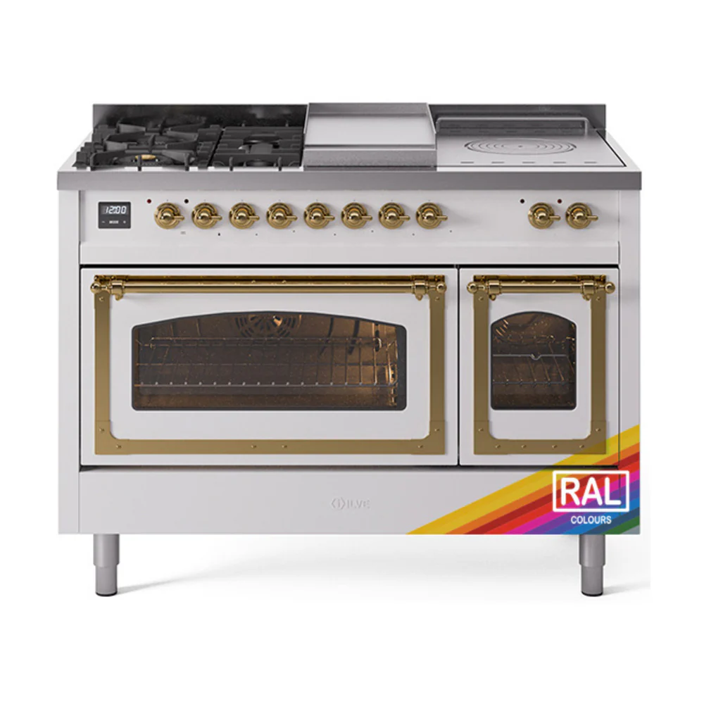 ILVE 48-Inch Nostalgie II Noblesse Dual Fuel Range with 5 Sealed Burners, Griddle, French Top and Triple Glass Door Oven in RAL with Brass Trim (UN48FSNMPRAG)