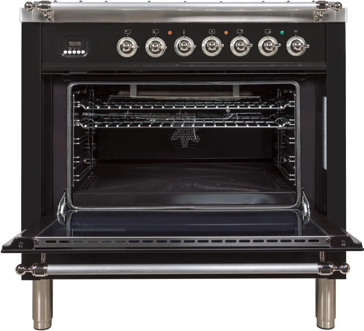 ILVE 36-Inch Nostalgie Gas Range with 5 Burners - Griddle - 3.5 cu. ft. Oven - Chrome Trim in Gloss Black (UPN90FDVGGNX)