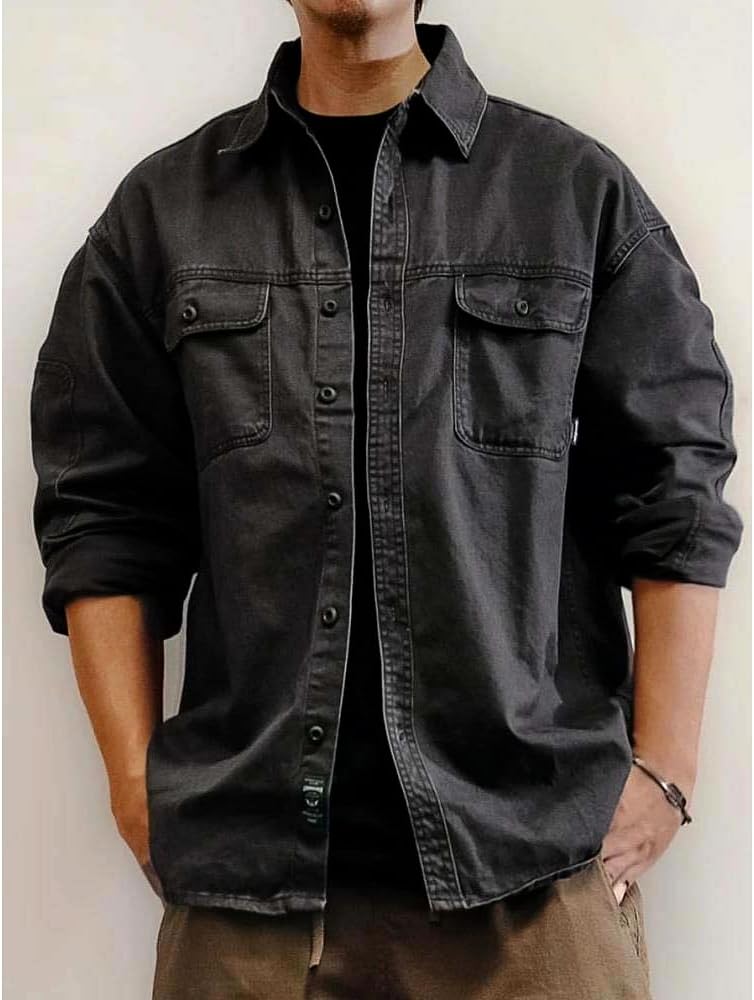 Hndudnff Men Denim Jacket Charcoal Washed Utility Relaxed Fit Casual Button Up Overshirt Workwear Jacket