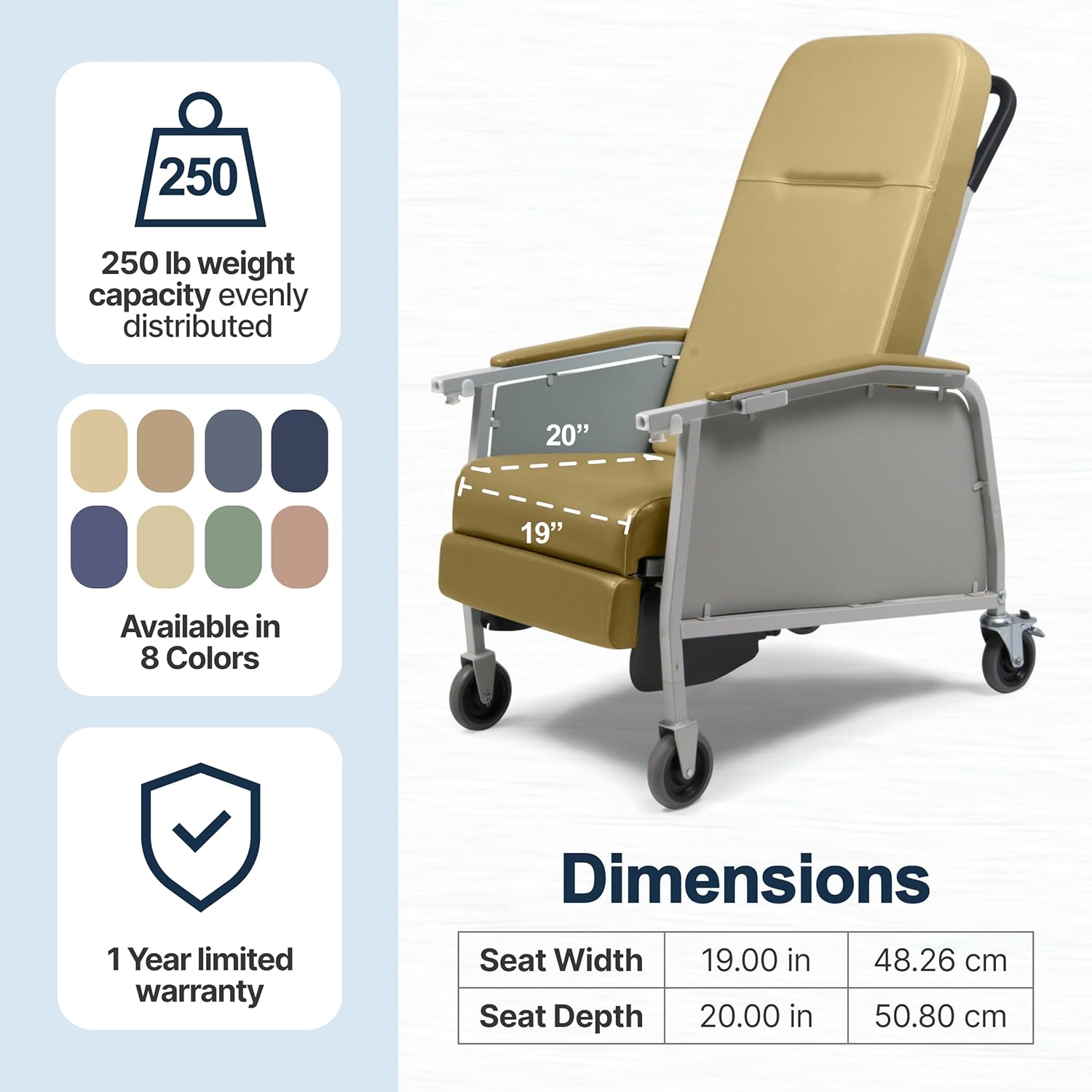 Lumex 3-Position Medical Recliner, Reclining Geri Chair with Wheels, Vintage Gold