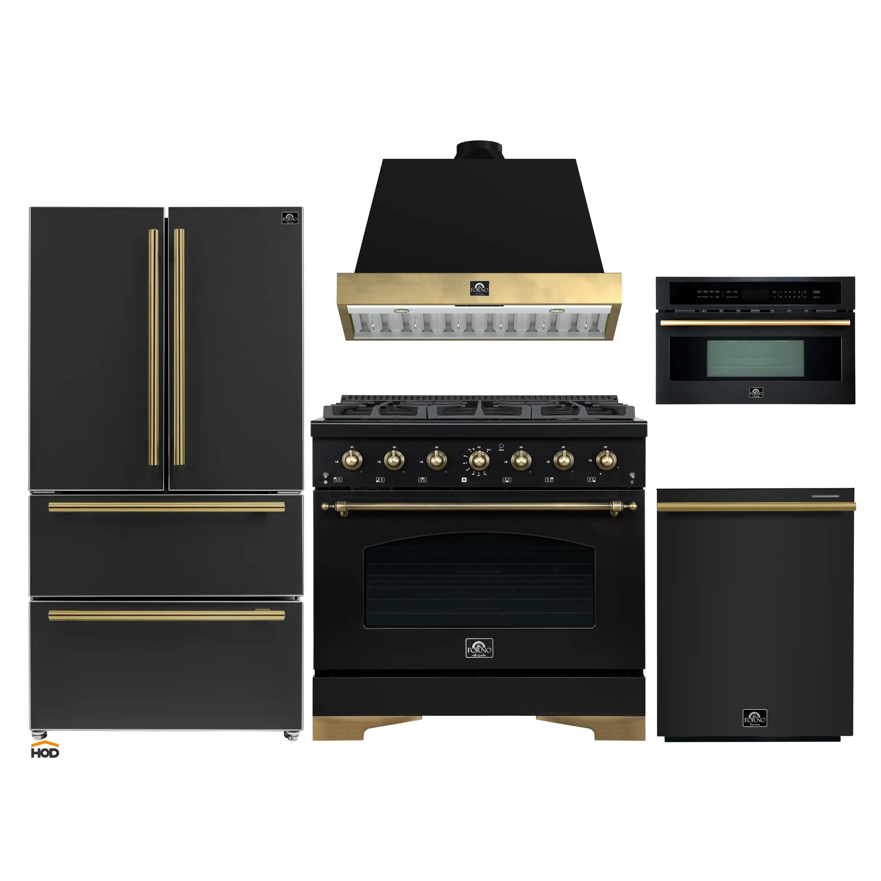 Forno Antico 5-Piece Appliance Package - 36-Inch Dual Fuel Range, 36-Inch Hood, 36-Inch Refrigerator, 24-Inch Dishwasher, & 30-Inch Microwave Oven in Black with Antique Brass Trim