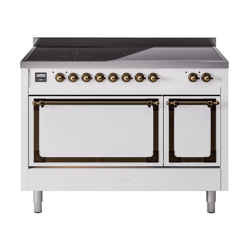 ILVE Nostalgie II Noblesse 48-Inch Induction Range with Solid Door Oven in White with Bronze Trim (UNI486QNMPWHB)