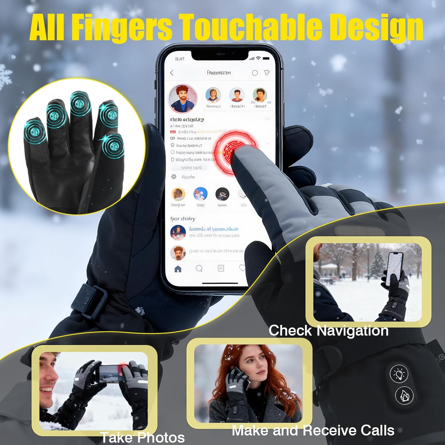 Heated Gloves with LED Flashlight, 7500mAh*2 Rechargeable Heated Gloves for Men Women, 3 Heating Modes with Touchscreen, Waterproof Electric Heated Ski Glove for Winter Outdoor Work Camping Arthritis