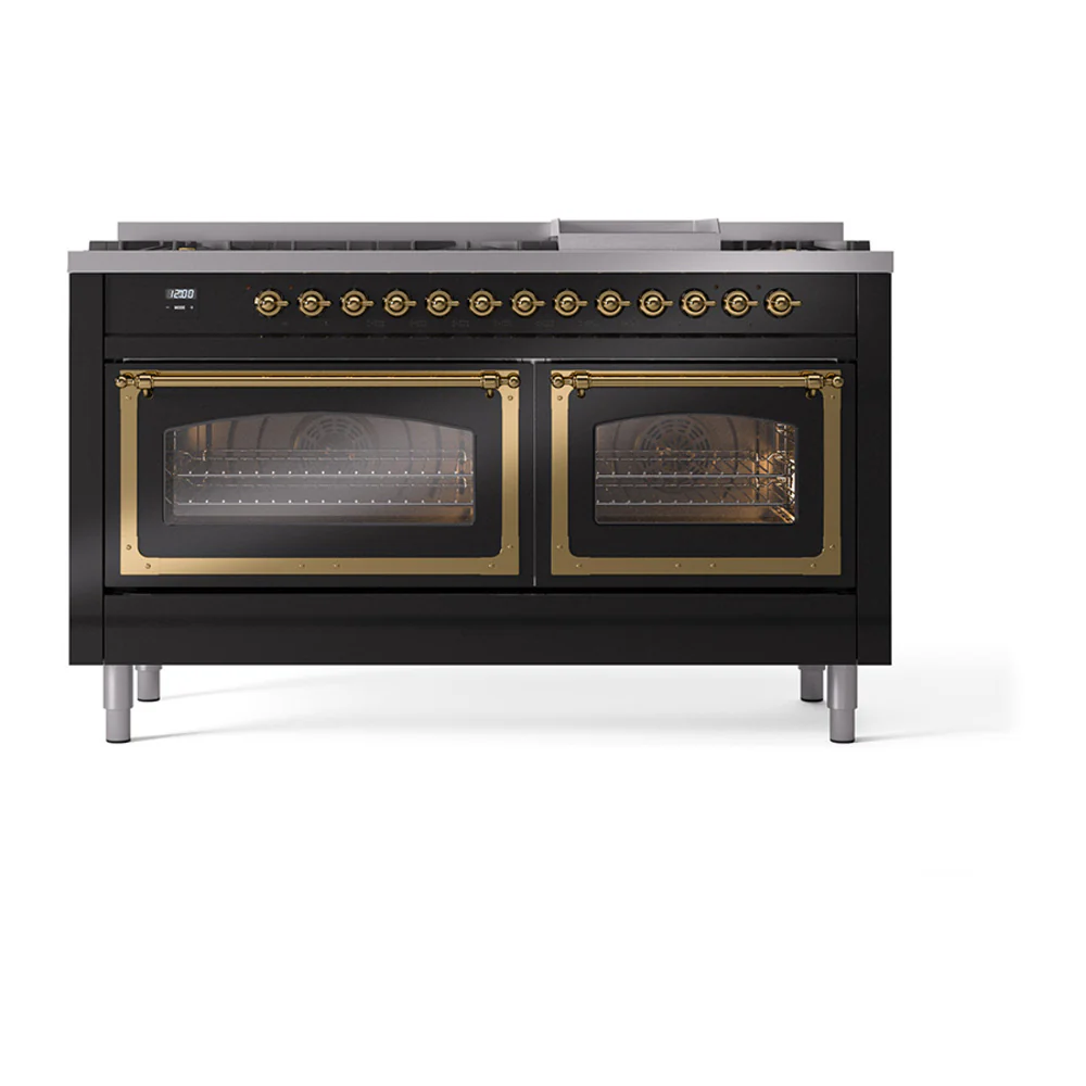 ILVE 60-Inch Nostalgie II Noblesse Dual Fuel Range with 9 Sealed Burners, Griddle, Triple Glass Door Oven in Glossy Black with Brass Trim (UN60FNMPBKG)