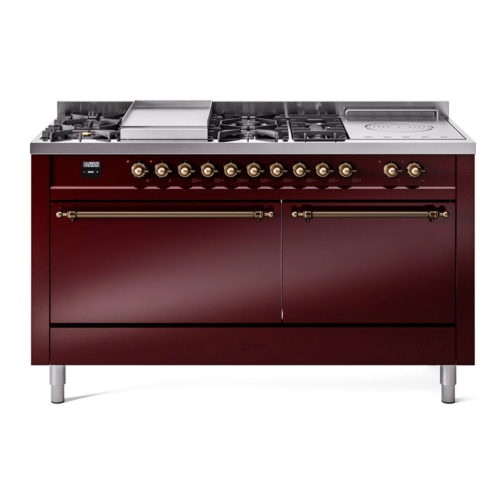 ILVE Nostalgie II 60-Inch Dual Fuel Range with 7 Burners, Griddle, & French Top with Solid Door Oven in Burgundy with Bronze Trim (UP60FSQNMPBUB)