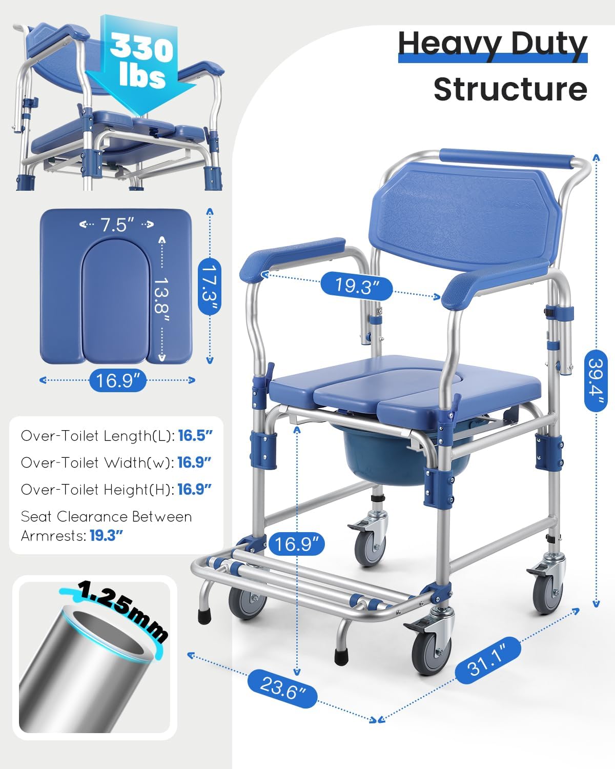Bedside Commode Wheelchair with Drop Arms & Lockable Casters, Waterproof Aluminum Shower Chair, Anti-Tilt Foldable Footrest, Sponge Padded Seat, 330lbs Weight Capacity, 3 in 1 Bedside Commode Chair