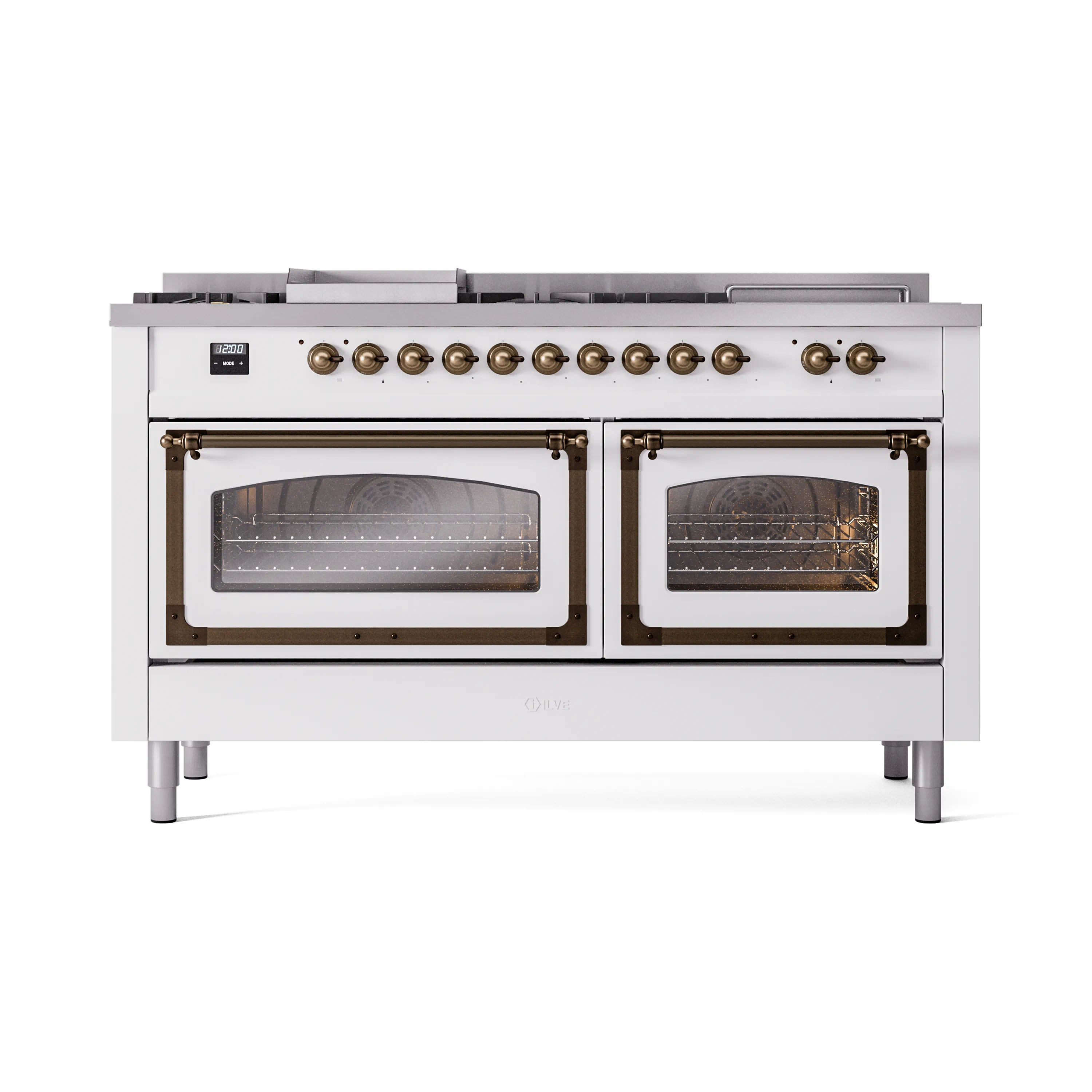 ILVE 60-Inch Nostalgie II Noblesse Dual Fuel Range with 7 Sealed Burners, Griddle, French Top and Triple Glass Door Oven in White with Bronze Trim (UN60FSNMPWHB)
