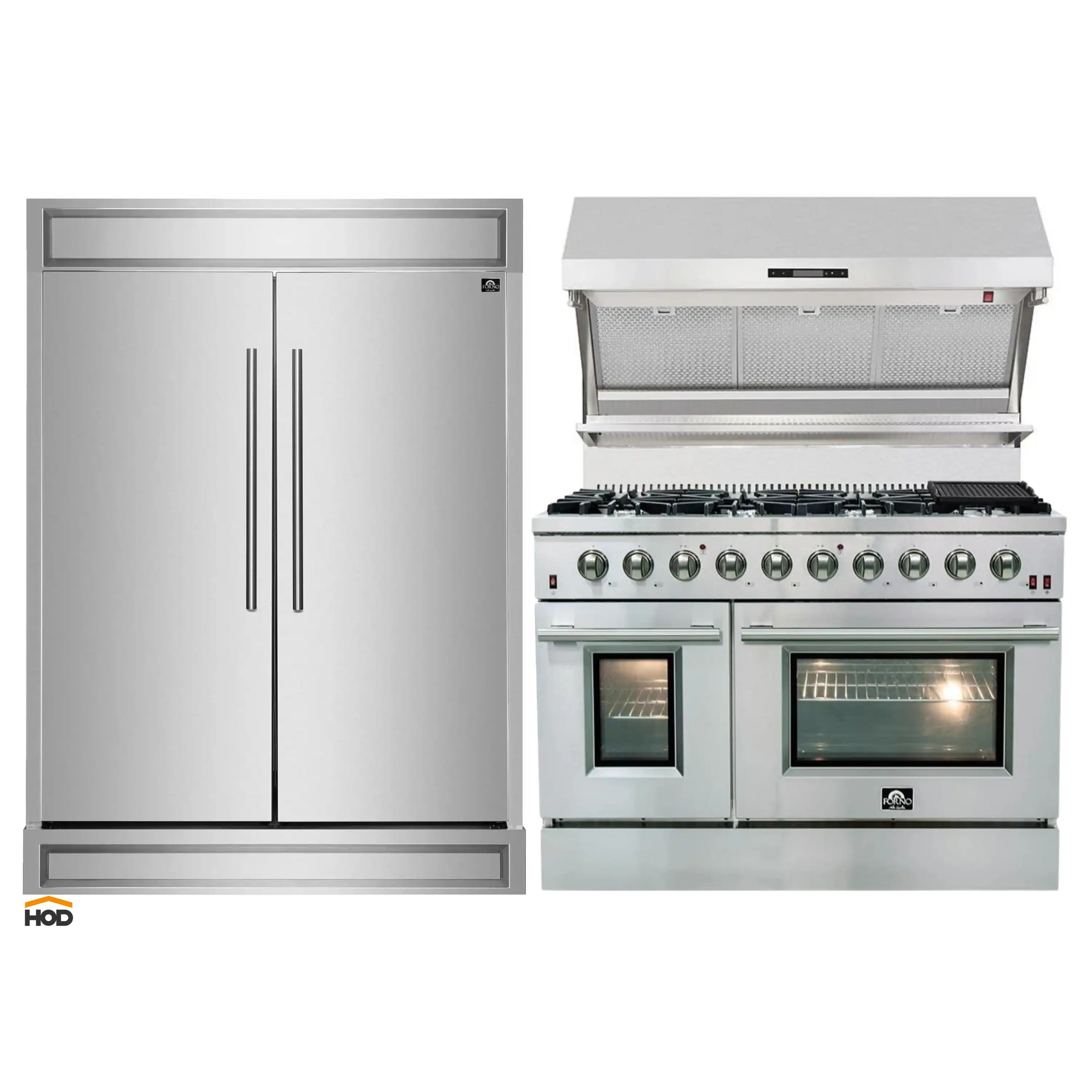 Forno 3-Piece Appliance Package - 48-Inch Gas Range, Refrigerator, & Wall Mount Hood with Backsplash in Stainless Steel