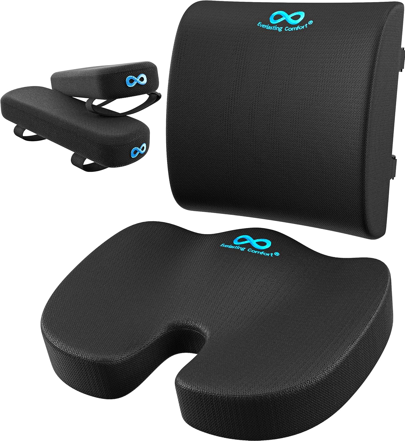 Everlasting Comfort Arm Rest Pads & Gel-Infused Seat Cushion & Lumbar Support Pillow Combo (Patented) - Reduce Tailbone Pressure & Improve Back Comfort - Armrest Covers (Black)