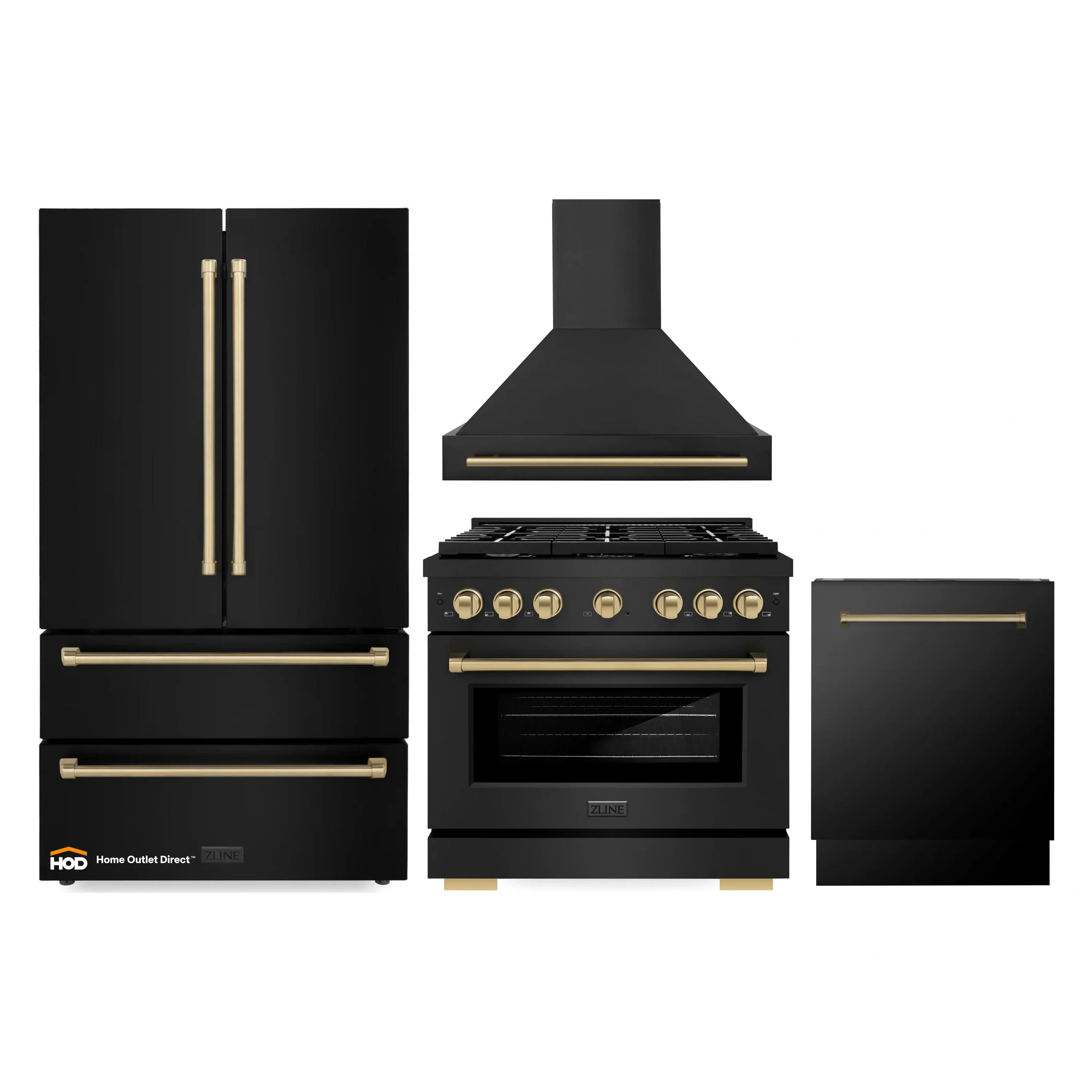ZLINE Autograph Edition 4-Piece Appliance Package - 36-Inch Gas Range, Refrigerator, Wall Mounted Range Hood, & 24-Inch Tall Tub Dishwasher in Black Stainless Steel with Champagne Bronze Trim (4AKPR-SGRBRHDWV36-CB)
