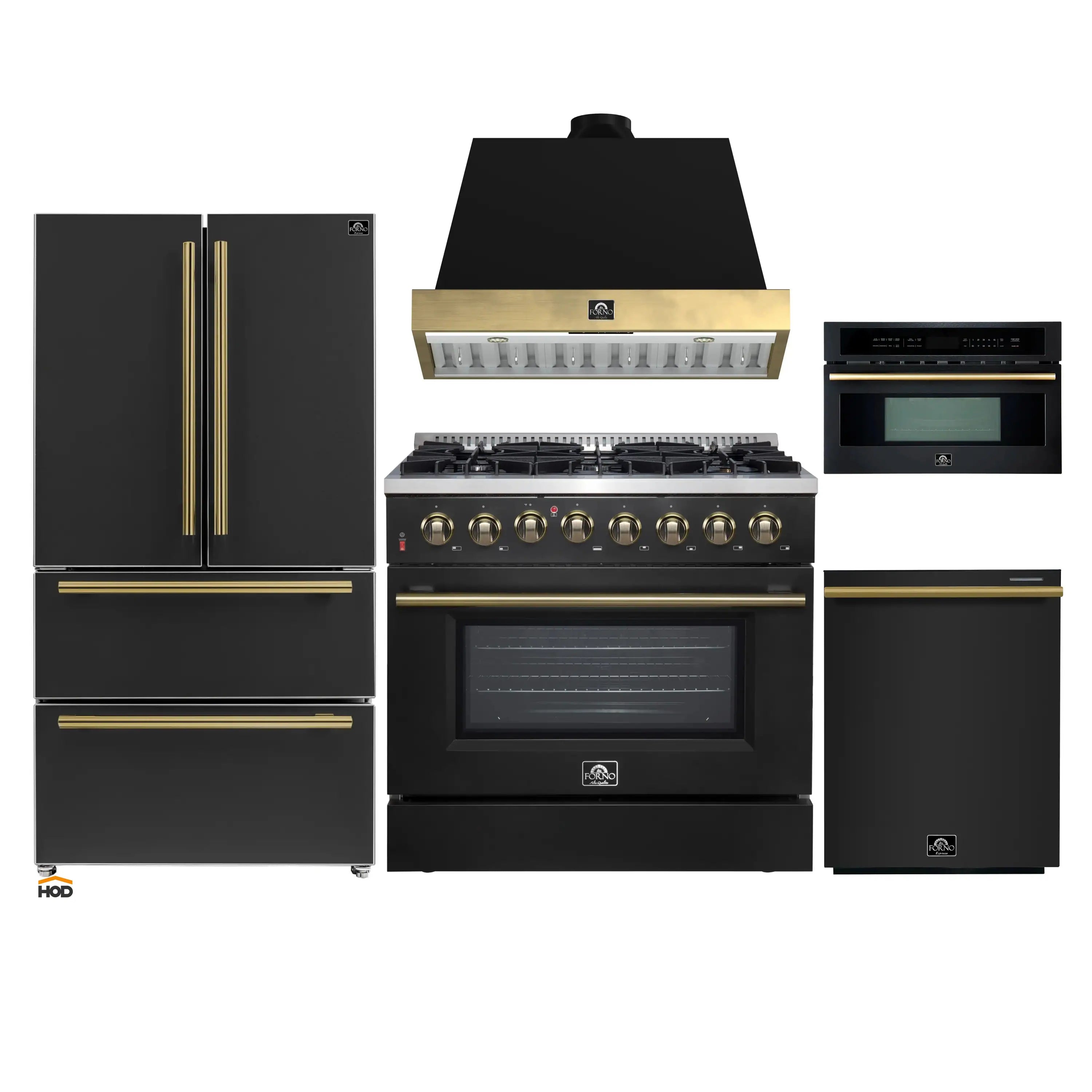 Forno Galiano 5-Piece Appliance Package - 36-Inch Dual Fuel Range, 36-Inch Hood, 36-Inch Refrigerator, 24-Inch Dishwasher, & 30-Inch Microwave Oven in Black with Antique Brass Trim