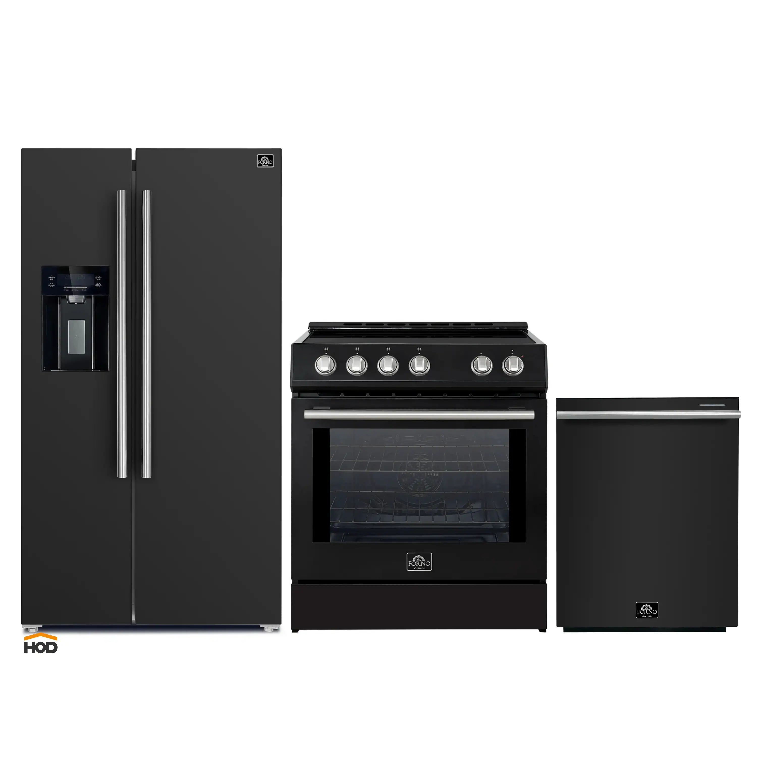 Forno 3-Piece Appliance Package - 30-Inch Induction Range, Refrigerator with Water Dispenser, and Dishwasher in Black with Stainless Steel Trim