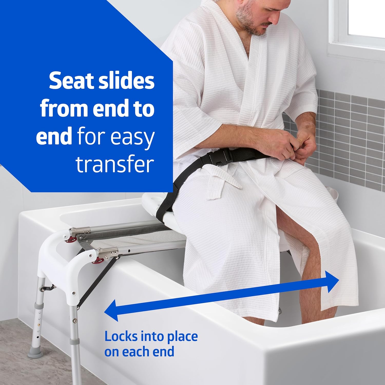 Medline Transfer Bench with Slide Seat, Slip Resistant Feet for Stability, Side Arm for Leverage and Support, Tub Transfer Bench for Elderly and Disabled - 300 lb Weight Capacity