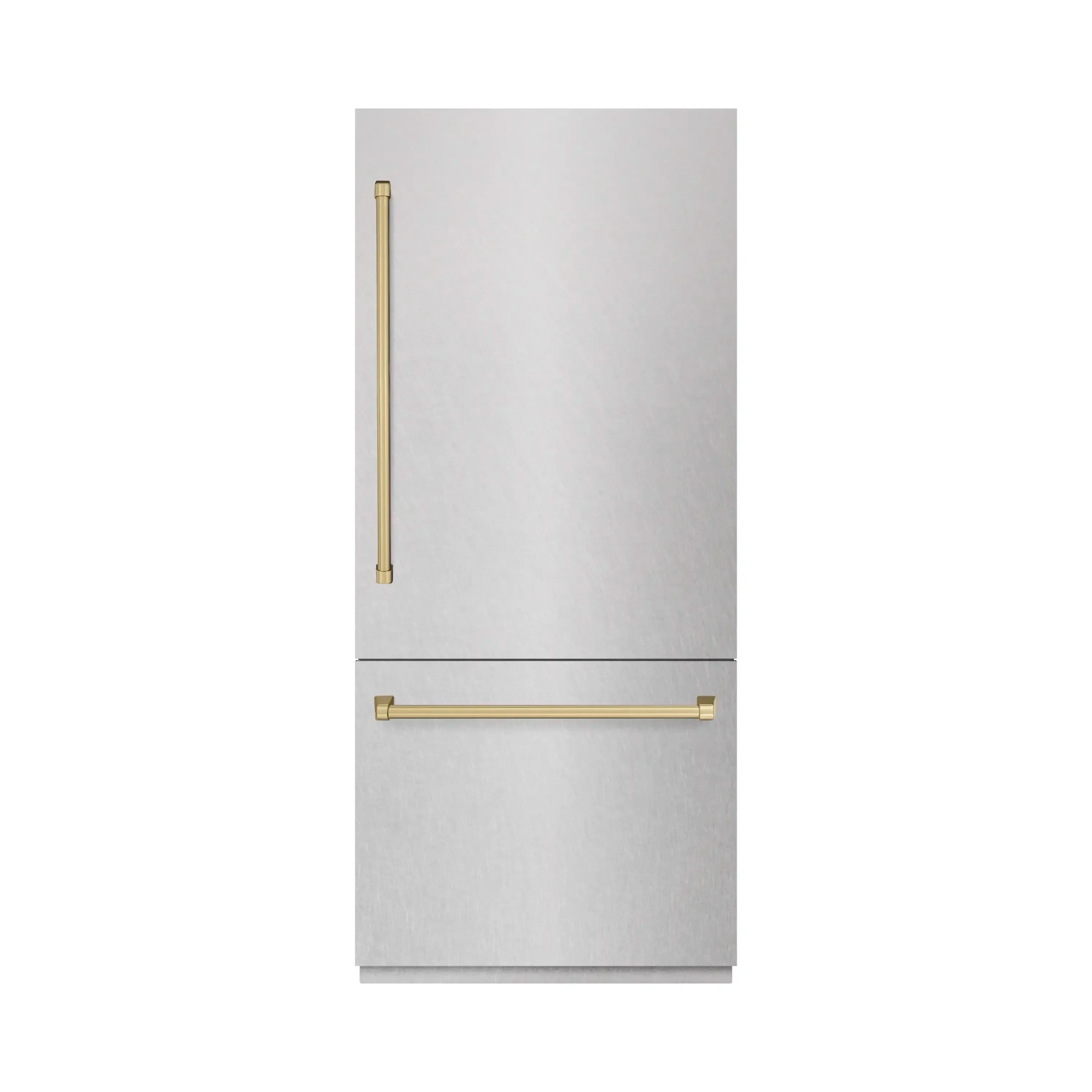 ZLINE Autograph Edition 36-Inch 19.8 Cu. Ft. Built-In Bottom Freezer Refrigerator with Water Dispenser and Ice Maker in Satin Stainless Steel with Graphite Gray Interior and Champagne Bronze Accents (GRBITZ-SN-36-CB)