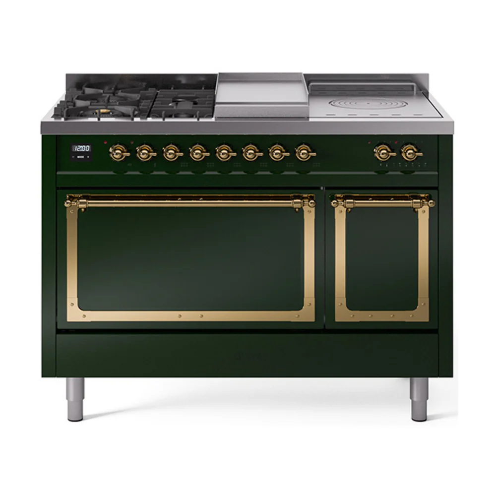 ILVE 48-Inch Nostalgie II Noblesse Dual Fuel Range with 5 Sealed Burners, Griddle, French Top and Solid Door Oven in Emerald Green with Brass Trim (UN48FSQNMPEGG)