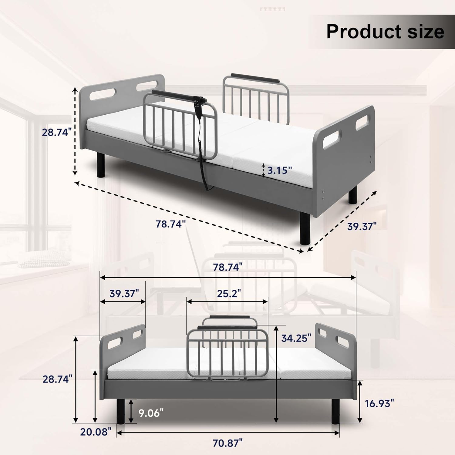 Full Electric Hospital Bed for Home Use, Multi-Position Electric Lift Design Adjustable Bed for Seniors, Bariatric Hospital Bed with Memory Foam Mattress & Safety Side Armrest - 600LBS, 40