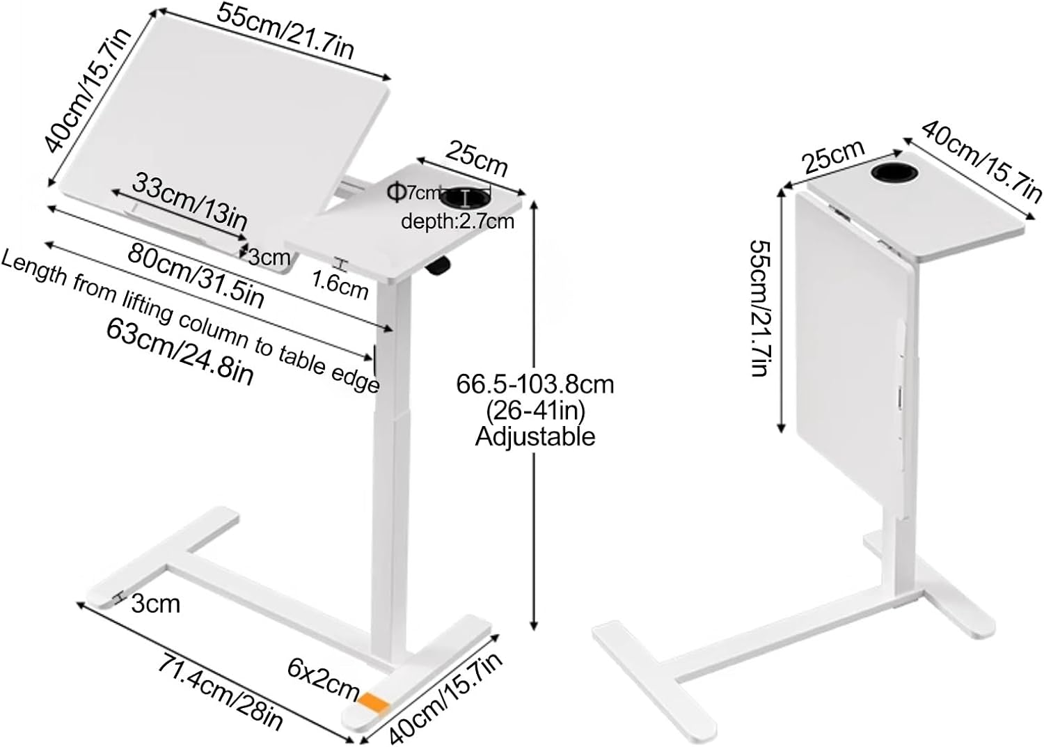 Overbed Table with Hidden Wheels and Height Adjustable, Standing Laptop Cart Over Bed Table with Baffle for Home Office and Hospital(White)