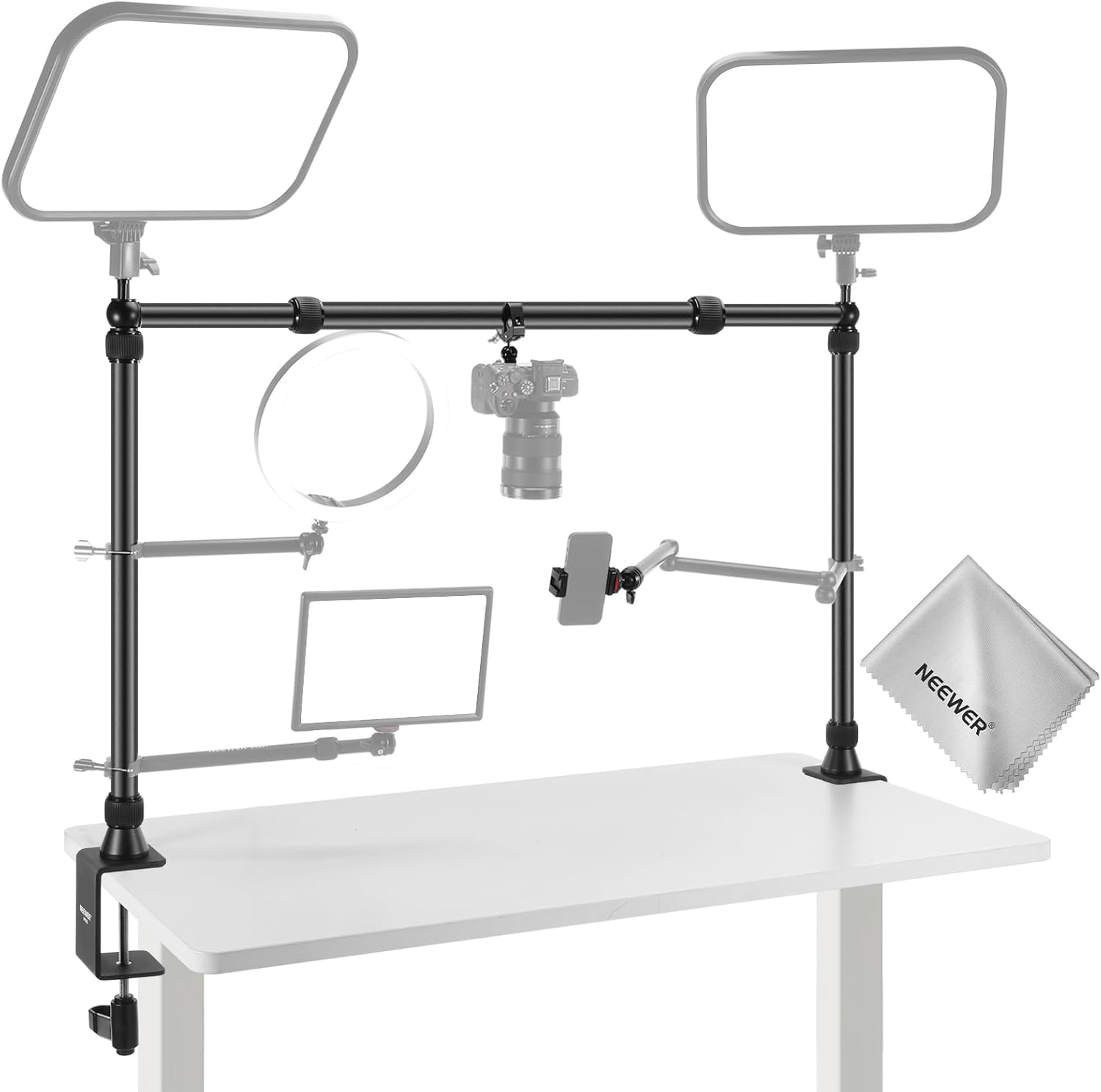 NEEWER NK002 Overhead Camera Mount Rig Platform with Phone Holder/2 Ball Heads/Arms/Super Clamp/Cleaning Cloth for Mic Webcam, Multi Device Desk Stand with Adjustable Height Width, Max Load 26lb/12kg