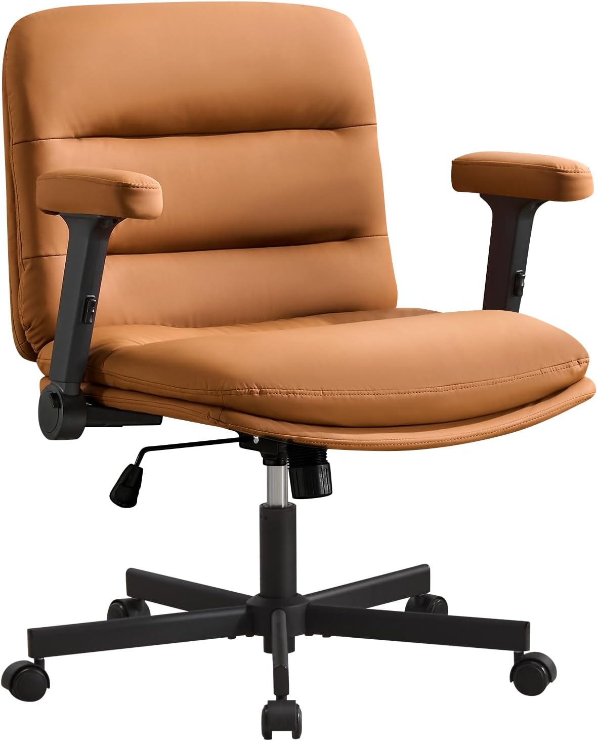 Furniliving Criss Cross Office Chair with Wheels and Flip-up Arms, Luxury Cat Scratch PU Leather Vanity Desk Chair, Upholstered Wide Cross Legged Chair for Home Office, Bedroom, Brown