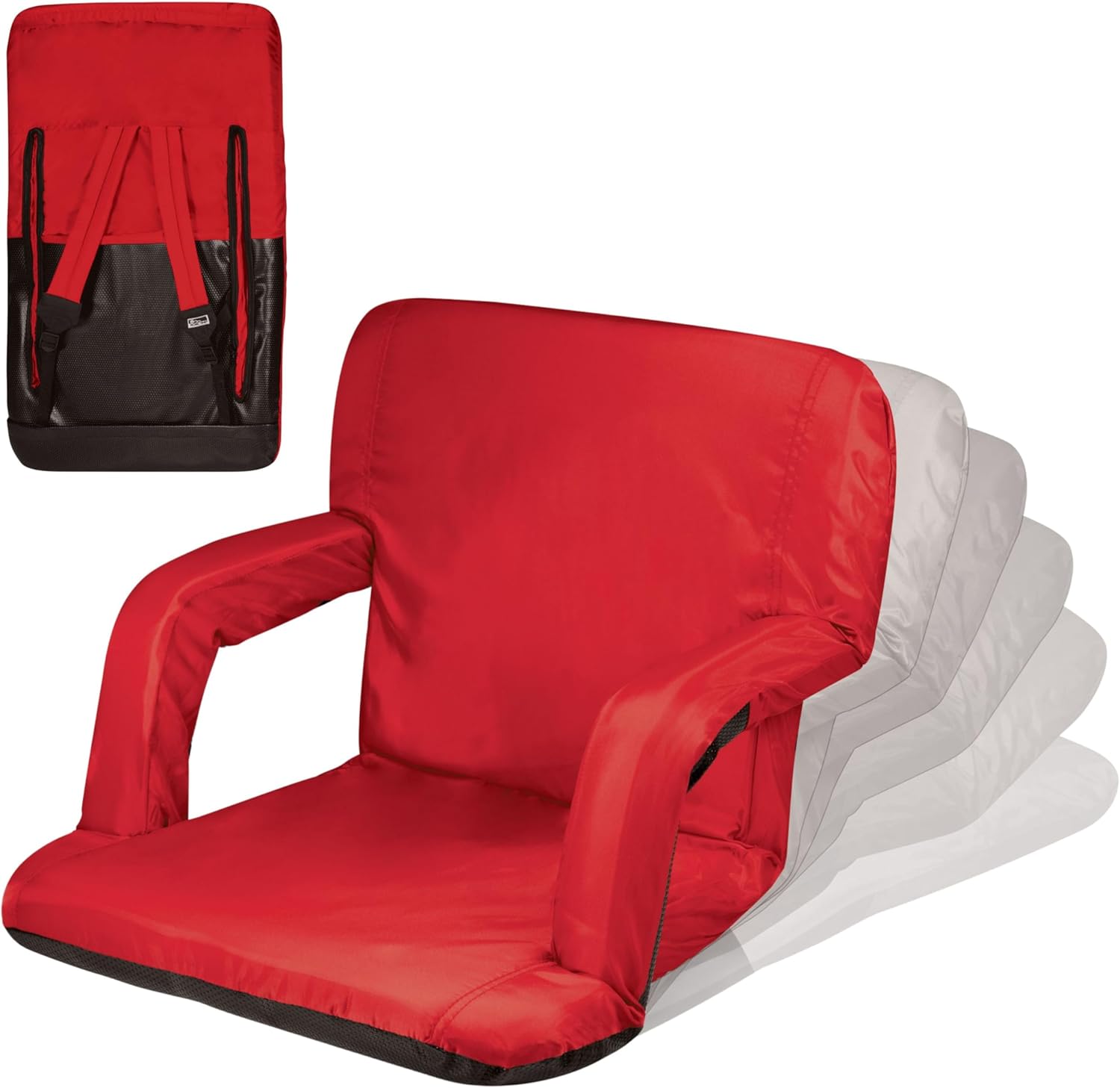PICNIC TIME Ventura Portable Reclining Stadium Seat with Back Support, Folding Bleacher Chairs with Back and Cushion, Thick Padded Stadium Seat and Armrest, Six Backrest Positions, (Red)