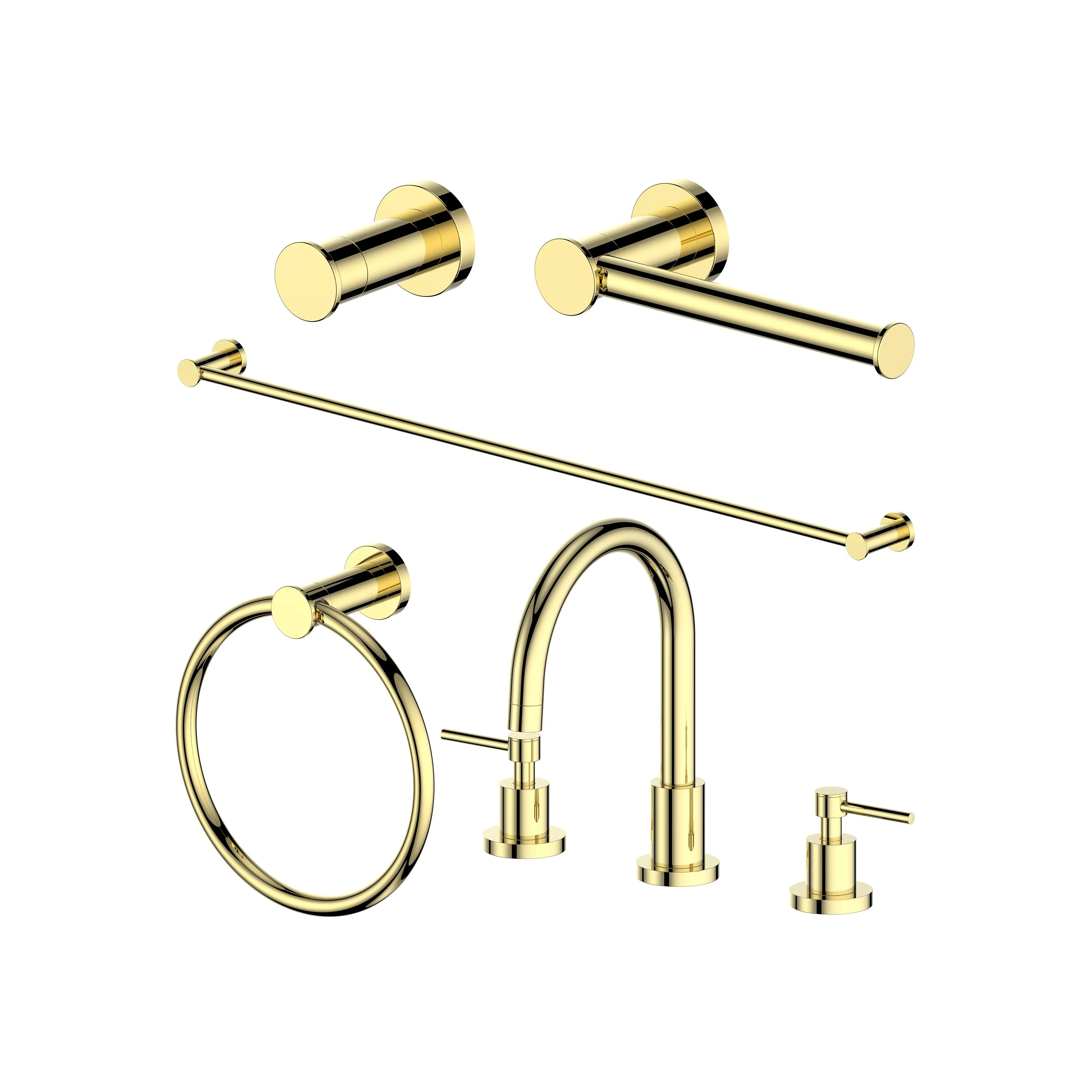 ZLINE Emerald Bay Bathroom Package with Faucet, Towel Rail, Hook, Ring and Toilet Paper Holder in Polished Gold (5BP-EMBYACCF-PG)