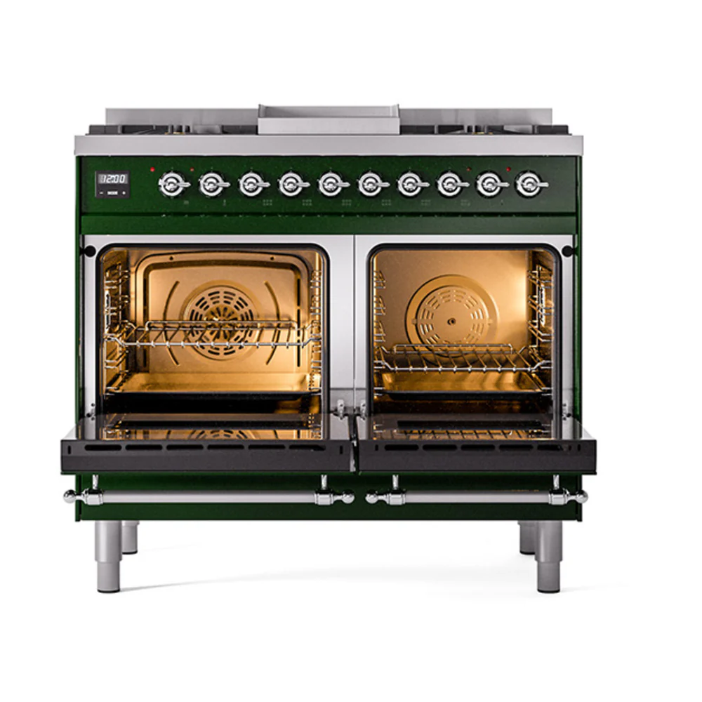 ILVE 40-Inch Nostalgie II Noblesse Dual Fuel Range with Solid Door Oven in Emerald Green with Chrome Trim (UND40FQNMPEGC)